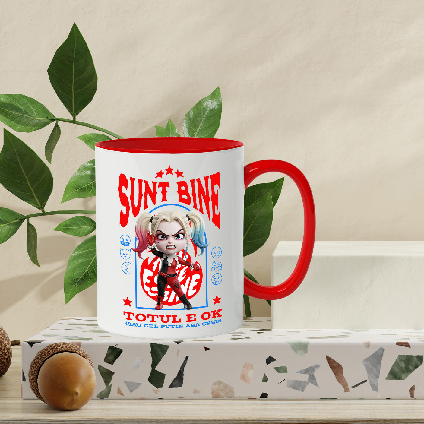 Cana Cu Harley Quenn, Ok, Sarcastic, Nervos, Iritat Ceramica, 330ML, cu Maner Rosu [2]