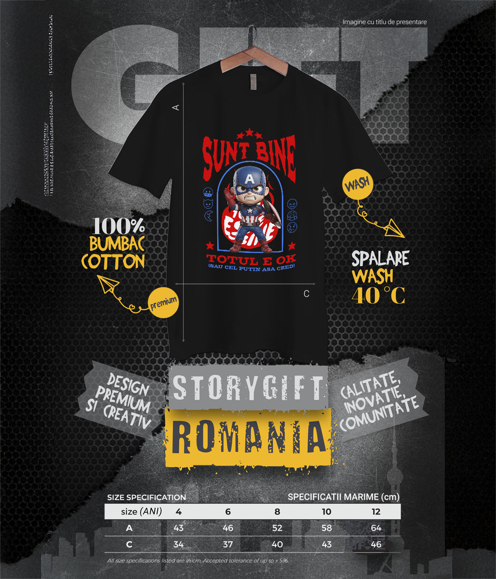 Tricou Copii cu Capitanul America, Ok, Sarcastic, Nervos, Iritat 100% Bumbac, Negru, 10 Ani [5]