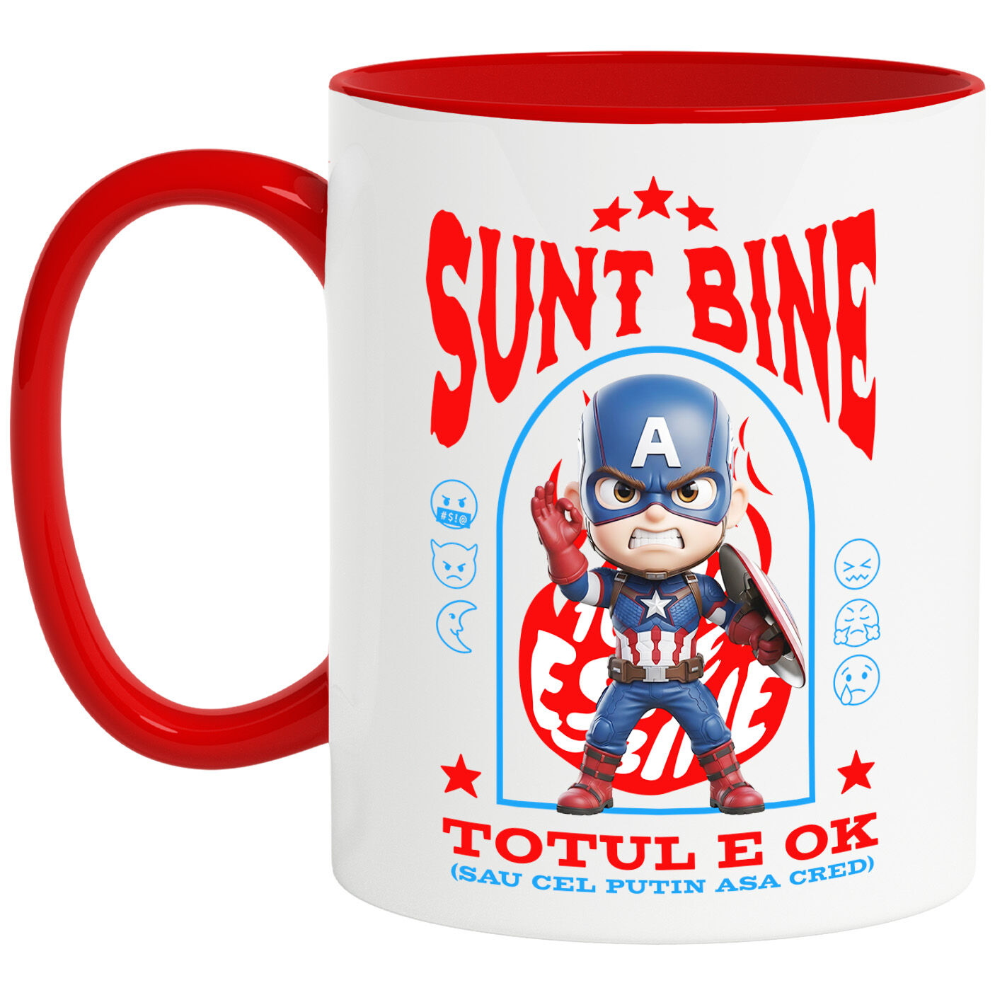 Desene Animate - Cana Cu Capitanul America, Ok, Sarcastic, Nervos, Iritat Ceramica, 330ML, cu Maner Rosu