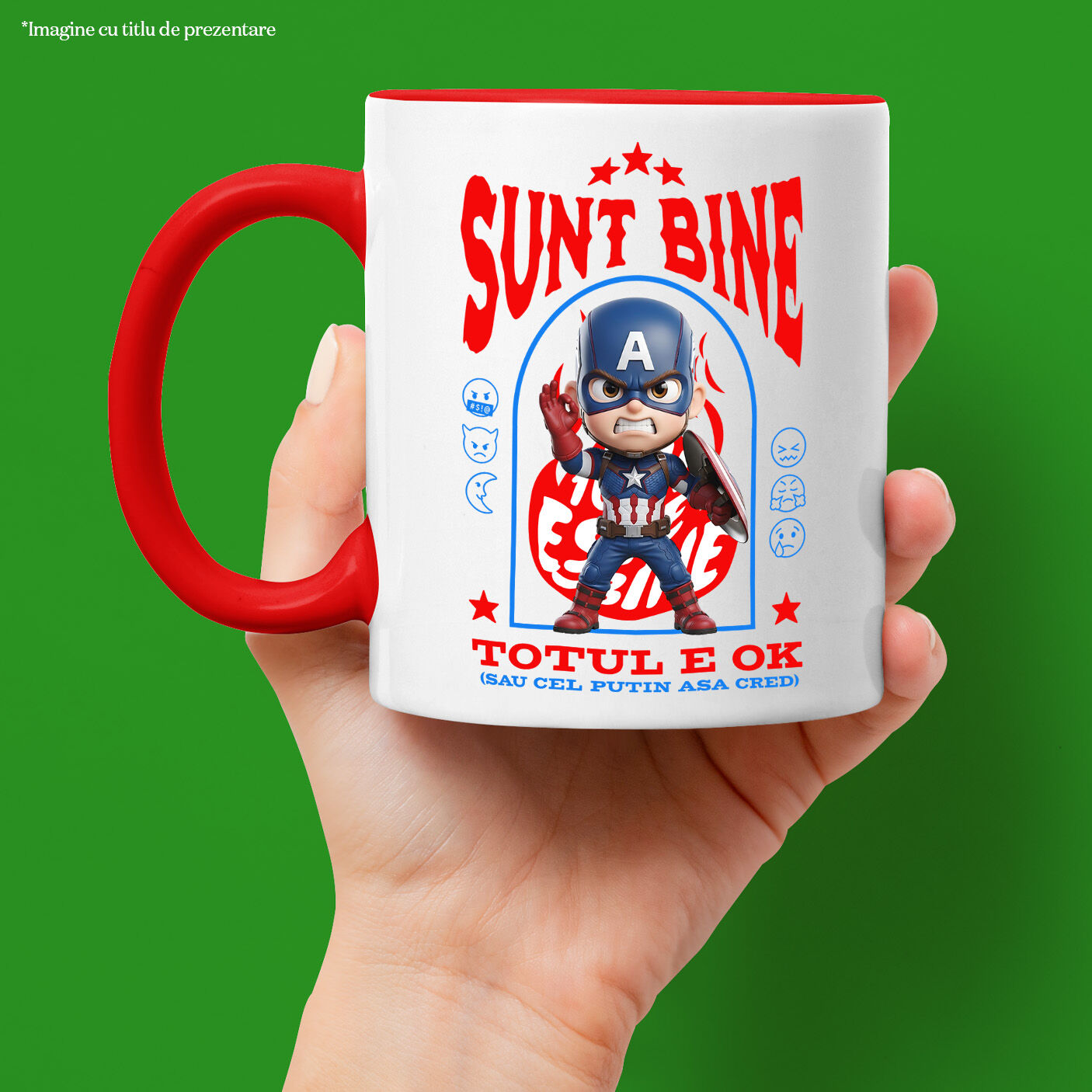 Cana Cu Capitanul America, Ok, Sarcastic, Nervos, Iritat Ceramica, 330ML, cu Maner Rosu [1]