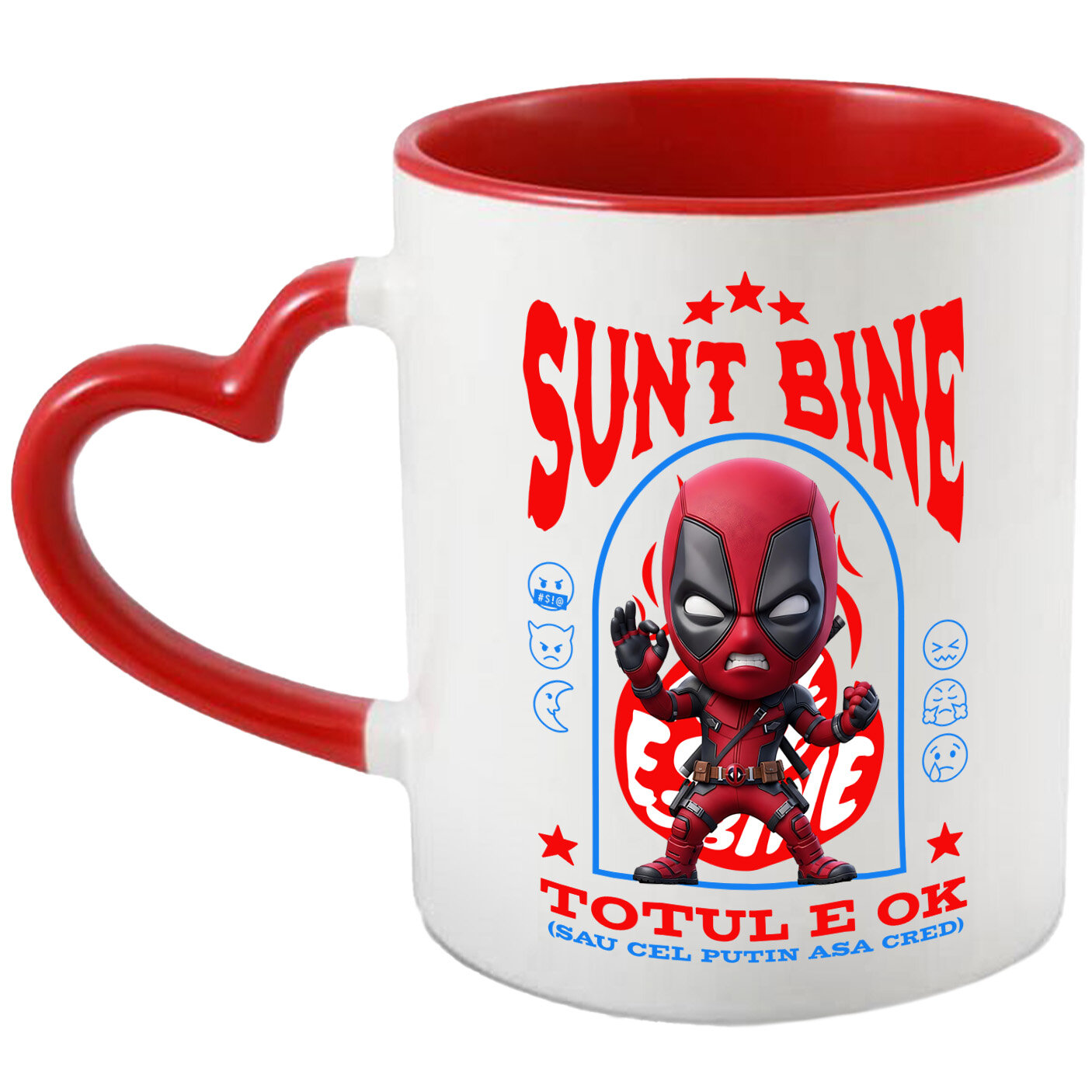 Căni - Cana Cu Deadpool, Ok, Sarcastic, Nervos, Iritat Ceramica, 330ML, cu Maner Inima Rosie