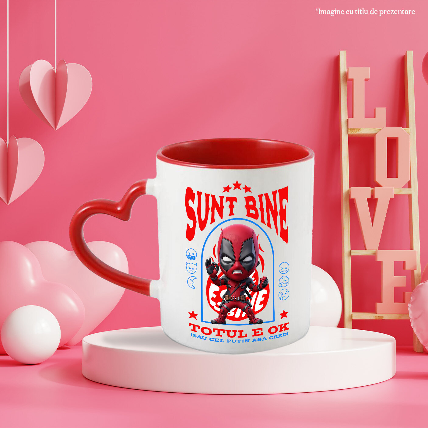 Cana Cu Deadpool, Ok, Sarcastic, Nervos, Iritat Ceramica, 330ML, cu Maner Inima Rosie [2]