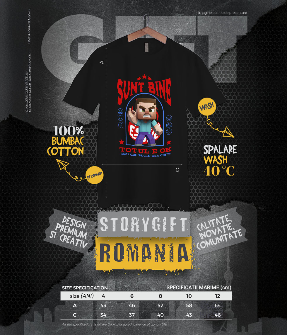 Tricou Copii cu Minecraft, Ok, Sarcastic, Nervos, Iritat 100% Bumbac, Negru, 8 Ani [5]