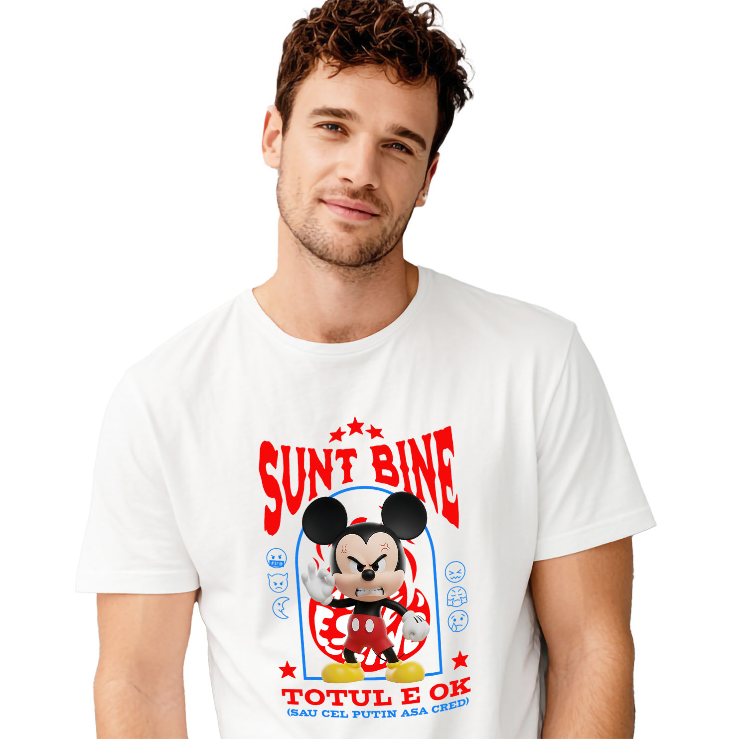 Amuzante - Tricou Barbati cu Mickey Mouse, Ok, Sarcastic, Nervos, Iritat 100% Bumbac, Alb, M