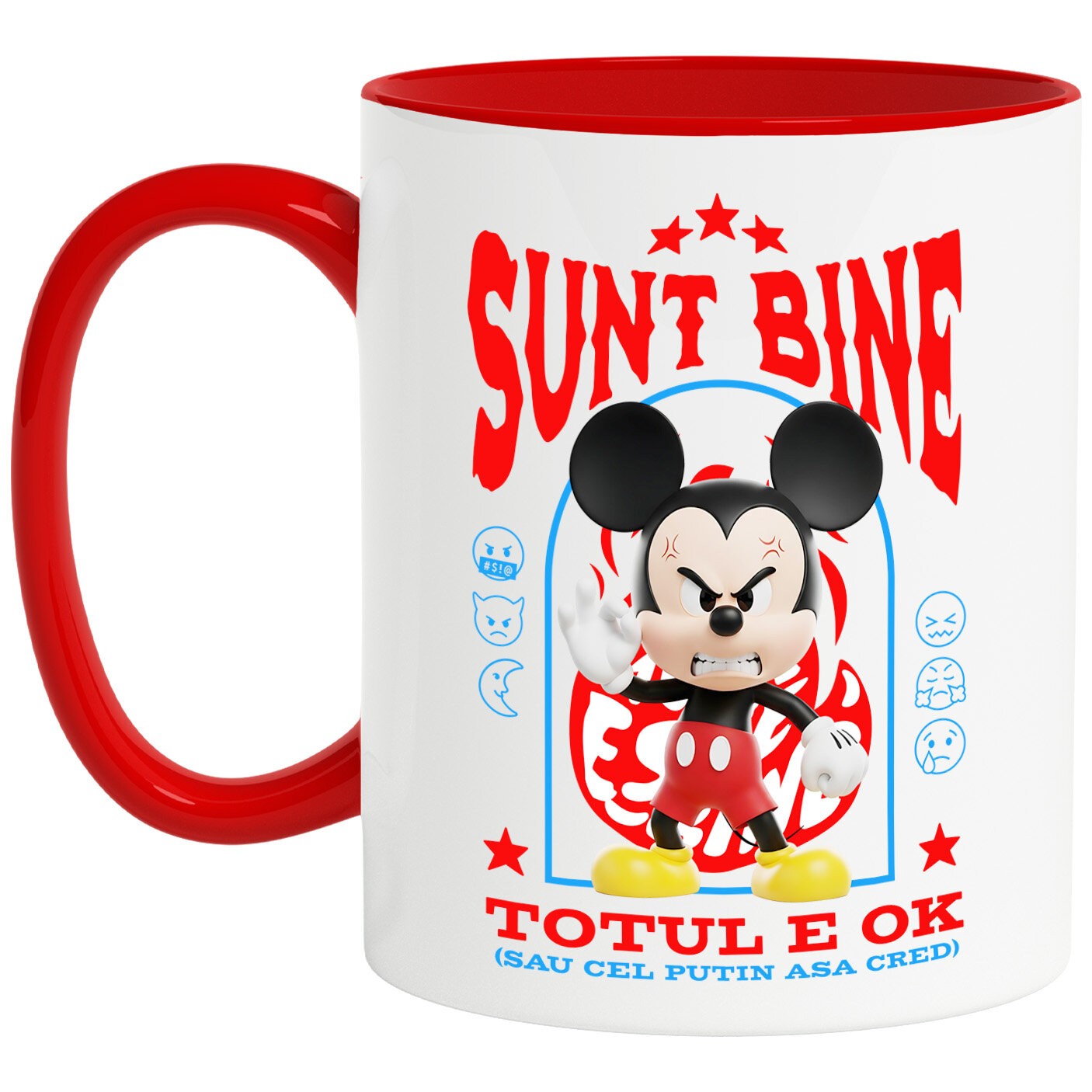 Desene Animate - Cana Cu Mickey Mouse, Ok, Sarcastic, Nervos, Iritat Ceramica, 330ML, cu Maner Rosu