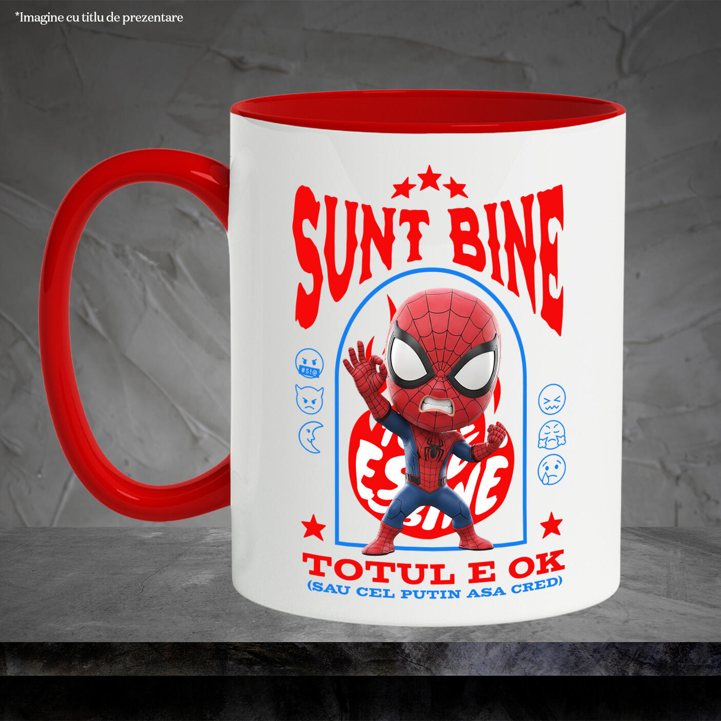 Cana Cu Spiderman, Ok, Sarcastic, Nervos, Iritat Ceramica, 330ML, cu Maner Rosu [2]