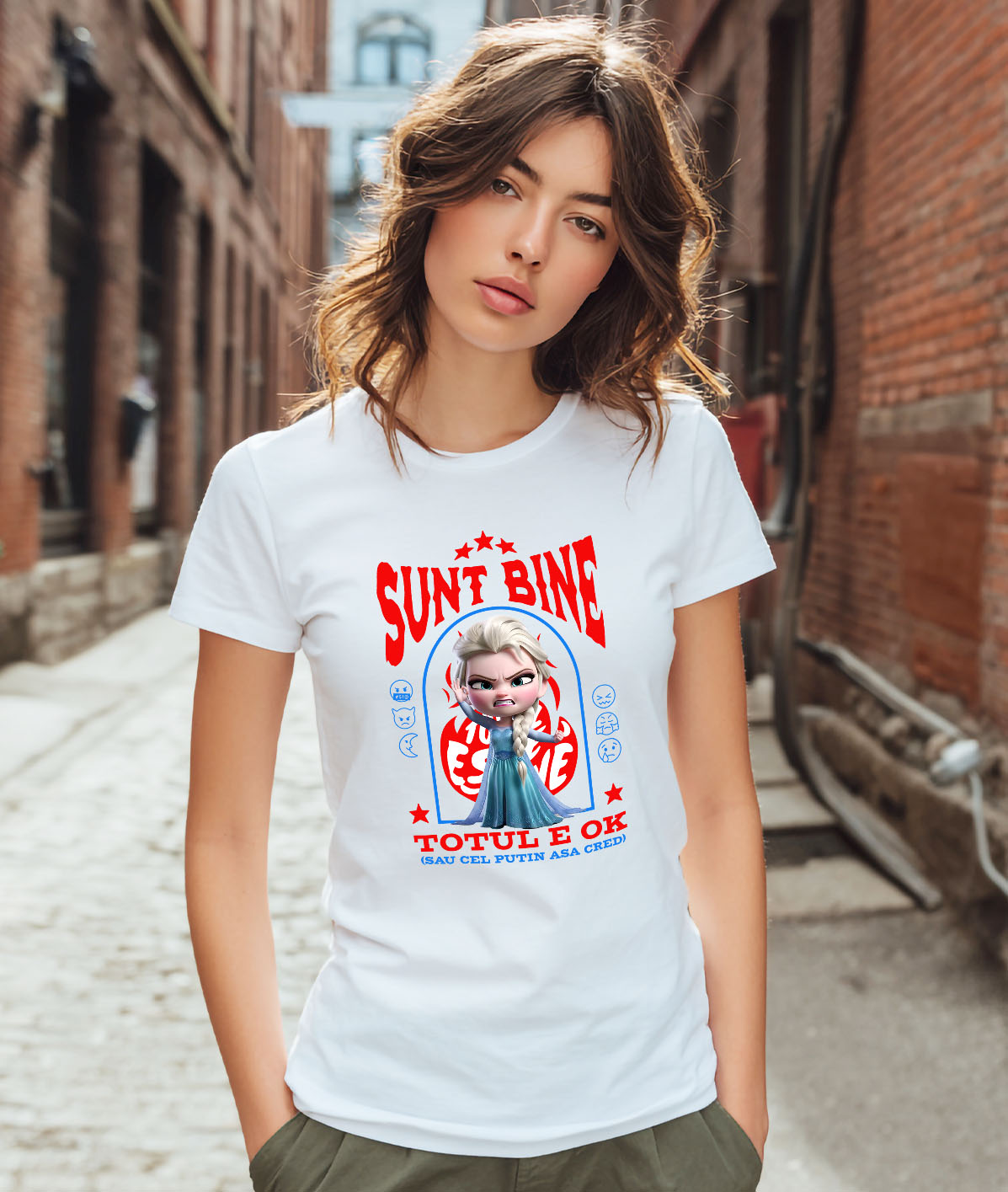 Tricou Femei cu Elsa, Ok, Sarcastic, Nervos, Iritat 100% Bumbac, Alb, L [1]