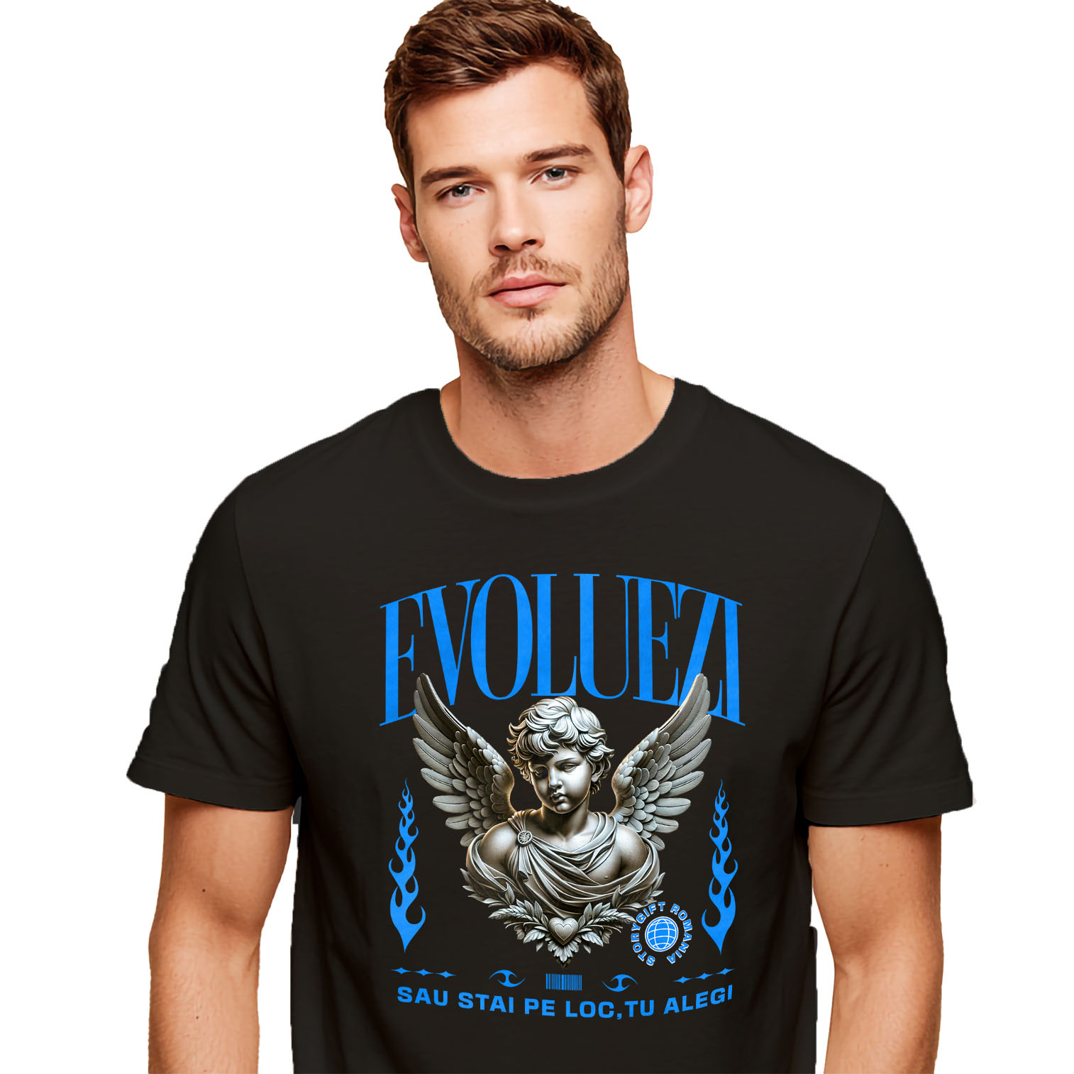 Ingeri Si Zei - Tricou Femei, Barbati, Copii, Fata, Baiat, Unisex Personalizat Bust Statuie Grecească cu Mesaj Motivațional - Evoluezi sau Stai pe Loc, Tu Alegi