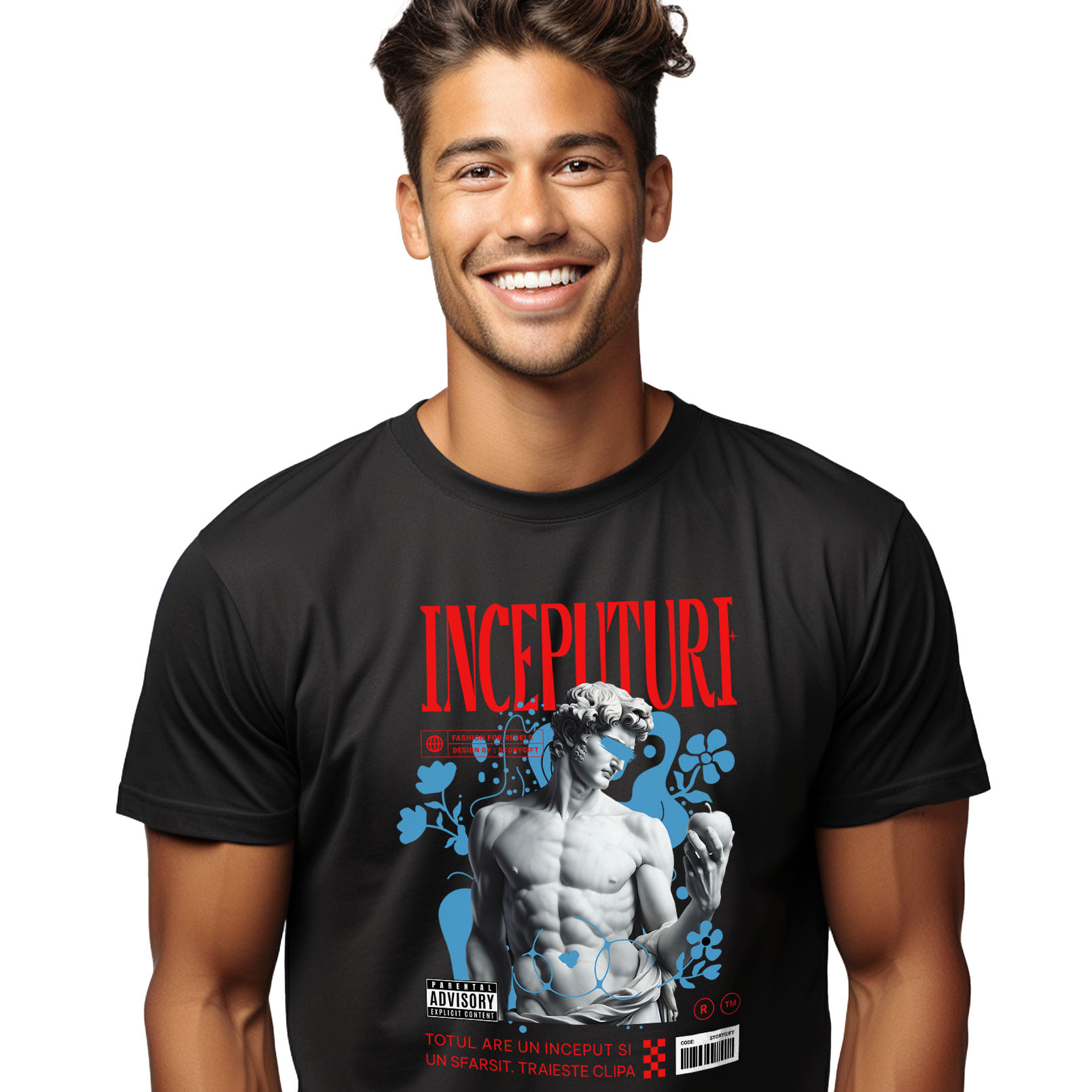 Tricou Femei, Barbati, Copii, Fata, Baiat, Unisex Personalizat Statuie Bust Masculin Cu Mar – Cadou Personalizat „Totul Are Un Început Și Un Sfârșit”