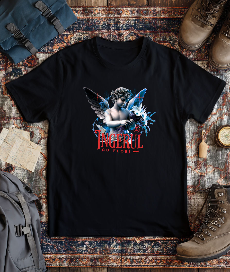 Tricou Femei, Barbati, Copii, Fata, Baiat, Unisex Personalizat Statuie Copil Înger Cu Flori – Cadou Personalizat Aripi Buchet De Flori [2]