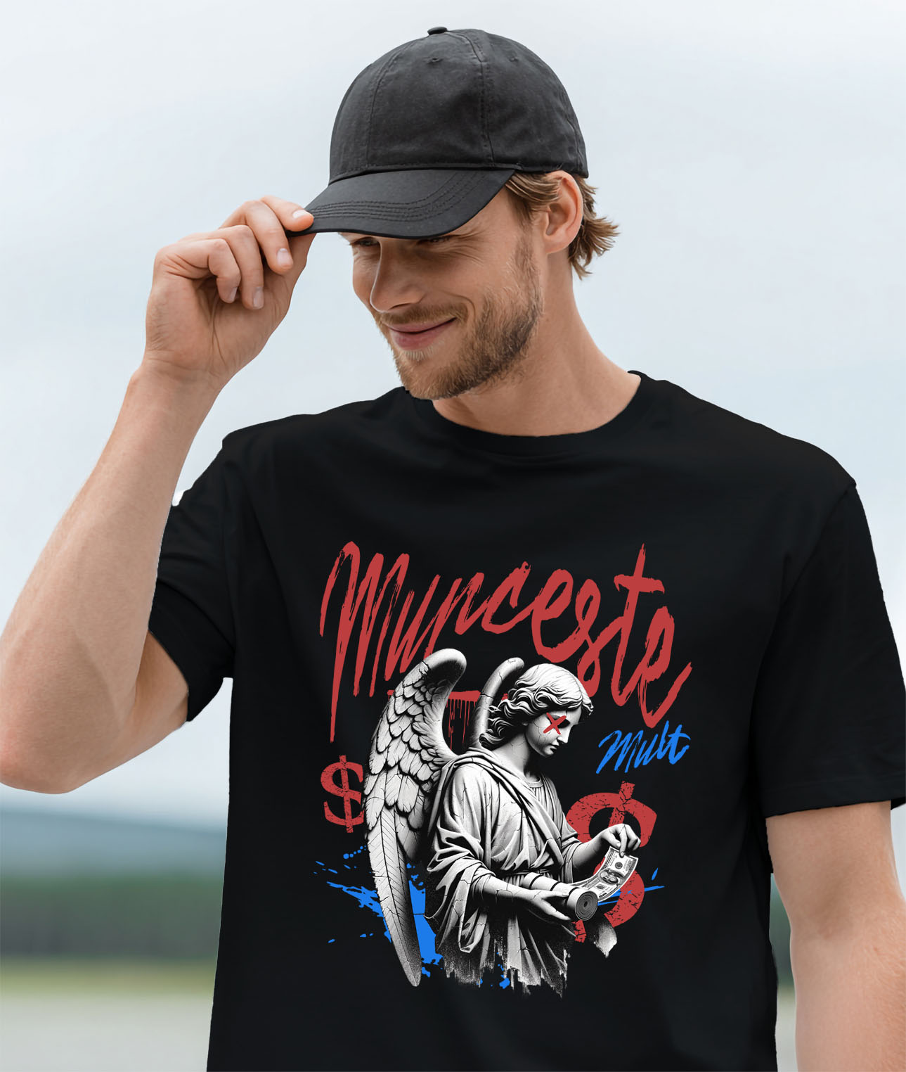Tricou Femei, Barbati, Copii, Fata, Baiat, Unisex Personalizat Statuie Fata Cu Aripi Înger – Cadou Motivational „Munceste Mult” Cu Dolari [1]