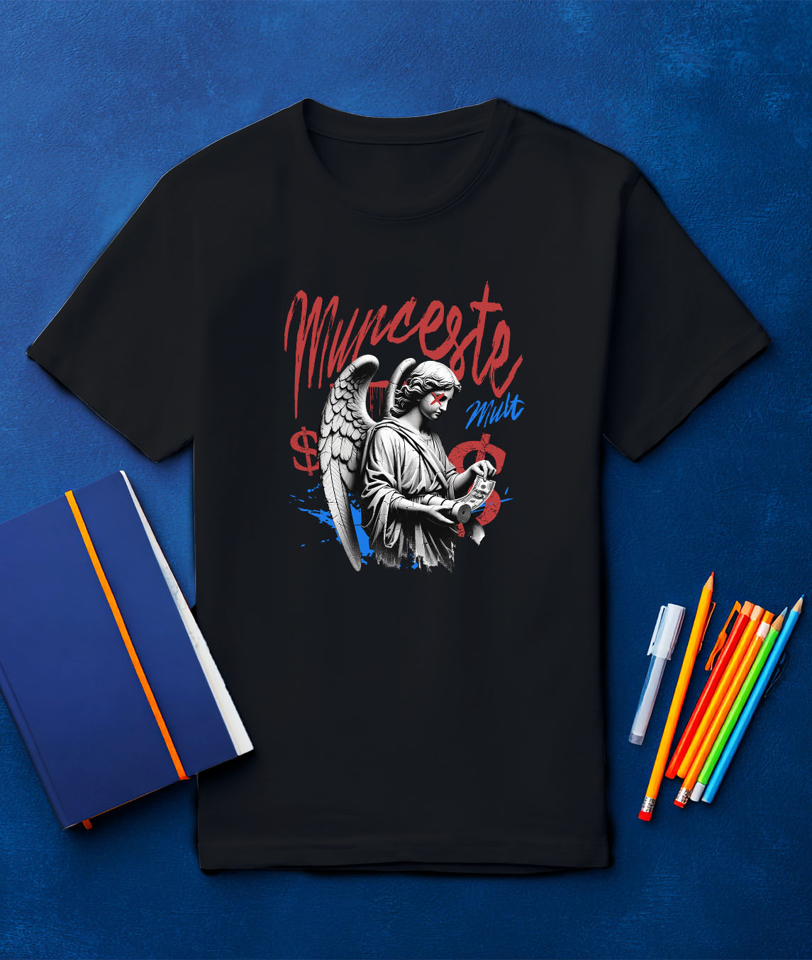 Tricou Femei, Barbati, Copii, Fata, Baiat, Unisex Personalizat Statuie Fata Cu Aripi Înger – Cadou Motivational „Munceste Mult” Cu Dolari [2]