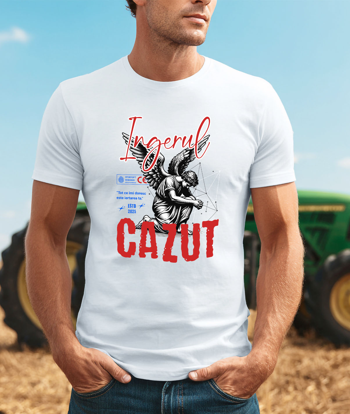 Tricou Femei, Barbati, Copii, Fata, Baiat, Unisex Personalizat Bărbat Cu Aripi și Text „Înger Căzut” - Artă Abstractă Motivatională pentru Familie și Prieteni [1]