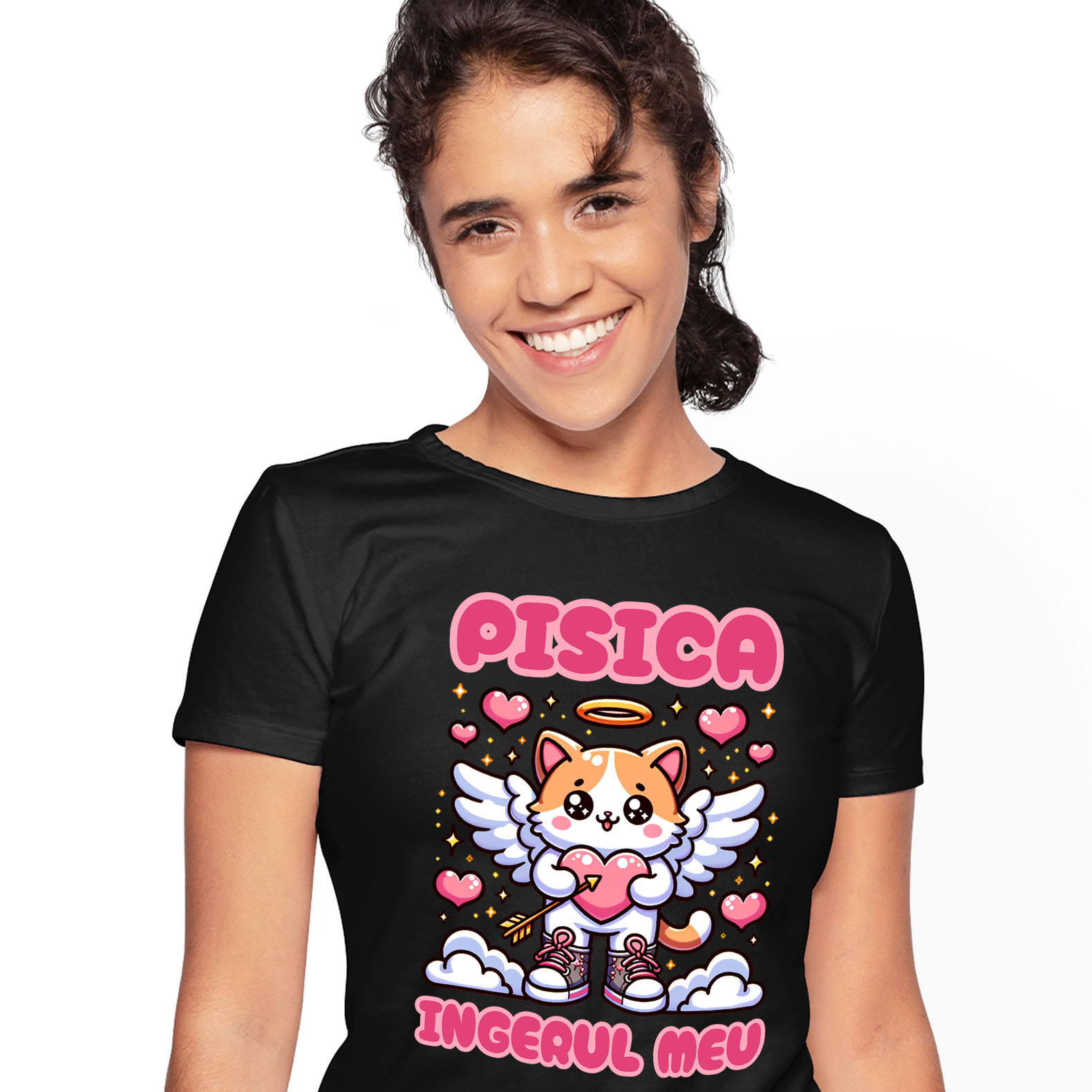 Ingeri Si Zei - Tricou Femei, Barbati, Copii, Fata, Baiat, Unisex Personalizat Pisica Cu Aripi și Inimă Cu Săgeată - Cadou Personalizat „Pisica Îngerul Meu” pentru Familie și Prieteni