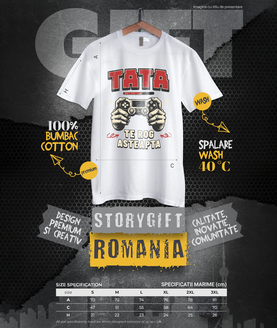 Tricou Femei, Barbati, Copii, Fata, Baiat, Unisex Personalizat Mâini de Bărbat cu Manetă de Jocuri Video - Cadou Personalizat „Tata Te Rog Așteaptă” pentru Familie și Prieteni [3]