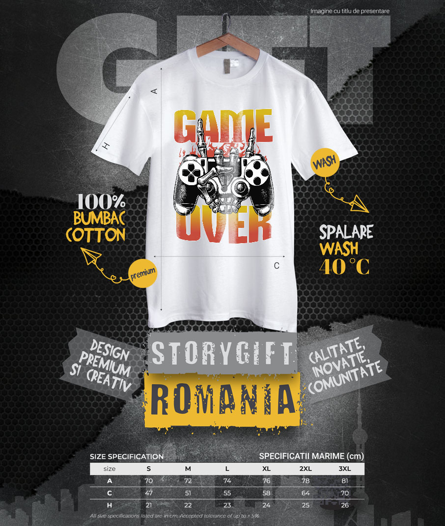 Tricou Femei, Barbati, Copii, Fata, Baiat, Unisex Personalizat Manetă Joc Video cu Mâna Schelet „Game Over” - Cadou Personalizat pentru Gameri și Familie [3]