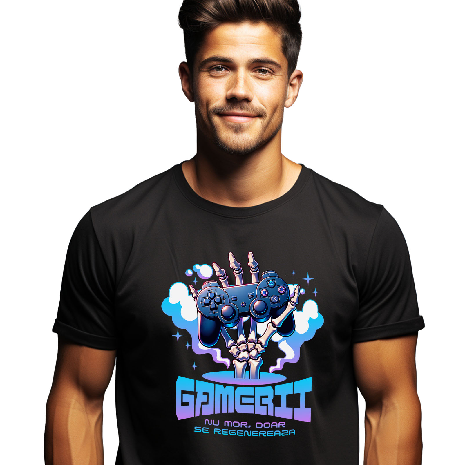 Lume Digitala - Tricou Femei, Barbati, Copii, Fata, Baiat, Unisex Personalizat Mână Schelet cu Manetă Jocuri Video „Gamerii Nu Mor Doar Se Revanșează” - Cadou Personalizat pentru Gameri și Familie