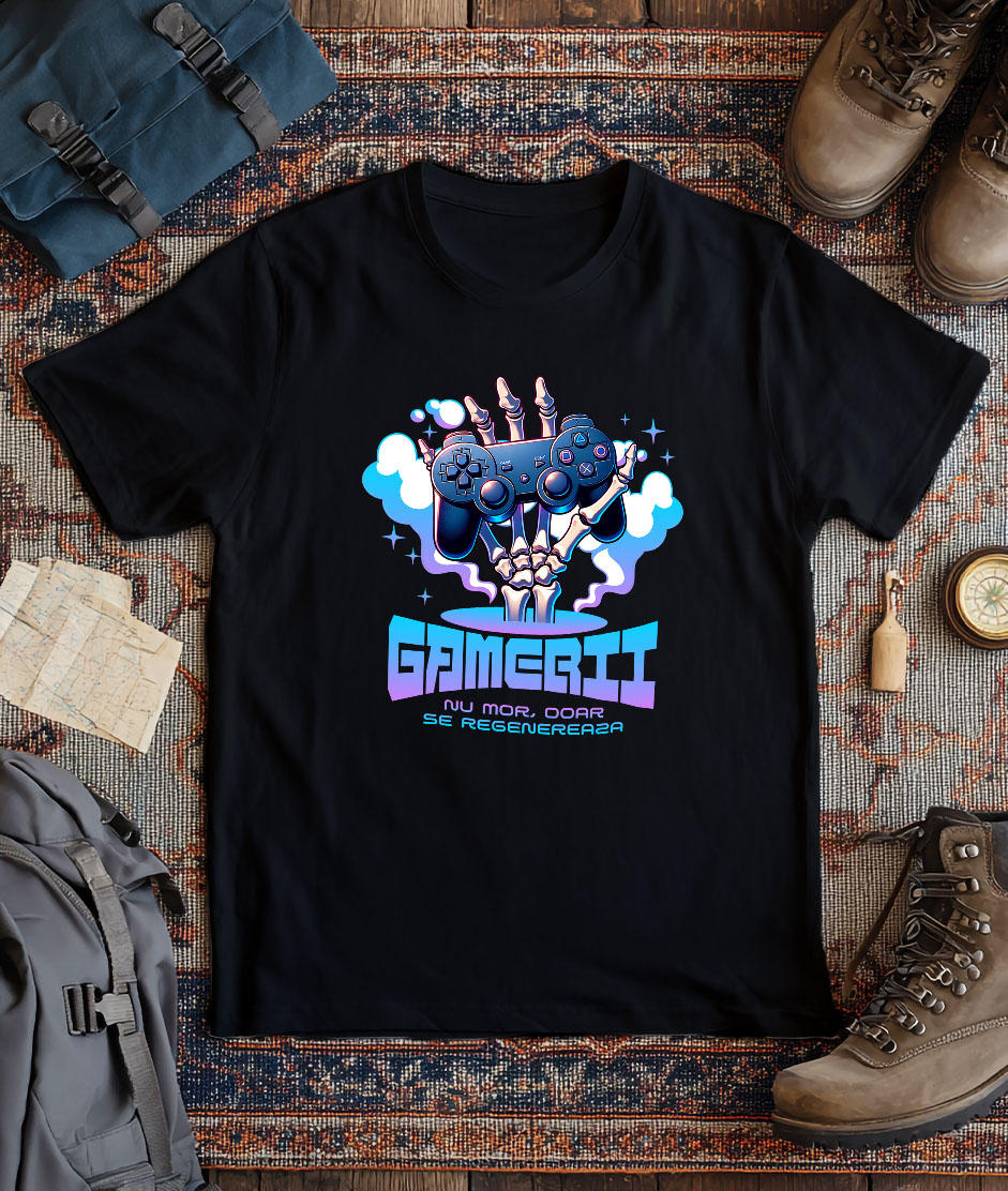 Tricou Femei, Barbati, Copii, Fata, Baiat, Unisex Personalizat Mână Schelet cu Manetă Jocuri Video „Gamerii Nu Mor Doar Se Revanșează” - Cadou Personalizat pentru Gameri și Familie [2]