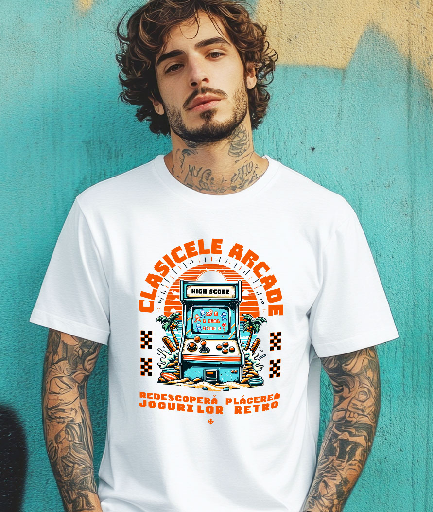 Tricou Femei, Barbati, Copii, Fata, Baiat, Unisex Personalizat Arcada Vintage Jocuri Video Retro cu Tema Plajă Tropicală - Cadou Personalizat pentru Familie și Gameri [1]