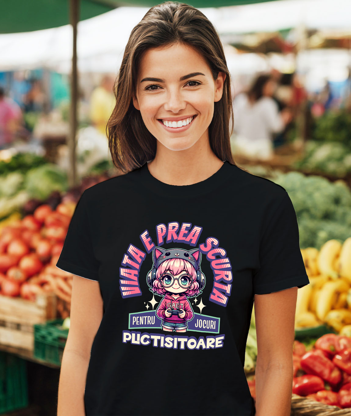 Tricou Femei, Barbati, Copii, Fata, Baiat, Unisex Personalizat Fată Stil Anime „Viața E Prea Scurtă” cu Păr Roz, Palarie Pisică și Manetă Jocuri Video - Cadou Personalizat [1]