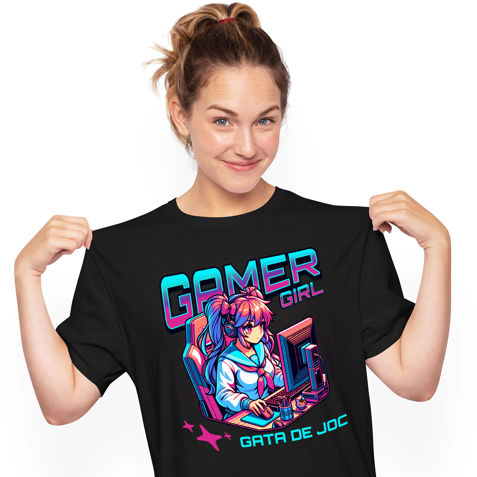 Lume Digitala - Tricou Femei, Barbati, Copii, Fata, Baiat, Unisex Personalizat Fata Stil Anime - Gamer Girl La Birou - Cadou Personalizat Jocuri Calculator