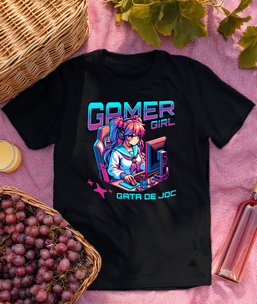 Tricou Femei, Barbati, Copii, Fata, Baiat, Unisex Personalizat Fata Stil Anime - Gamer Girl La Birou - Cadou Personalizat Jocuri Calculator [2]