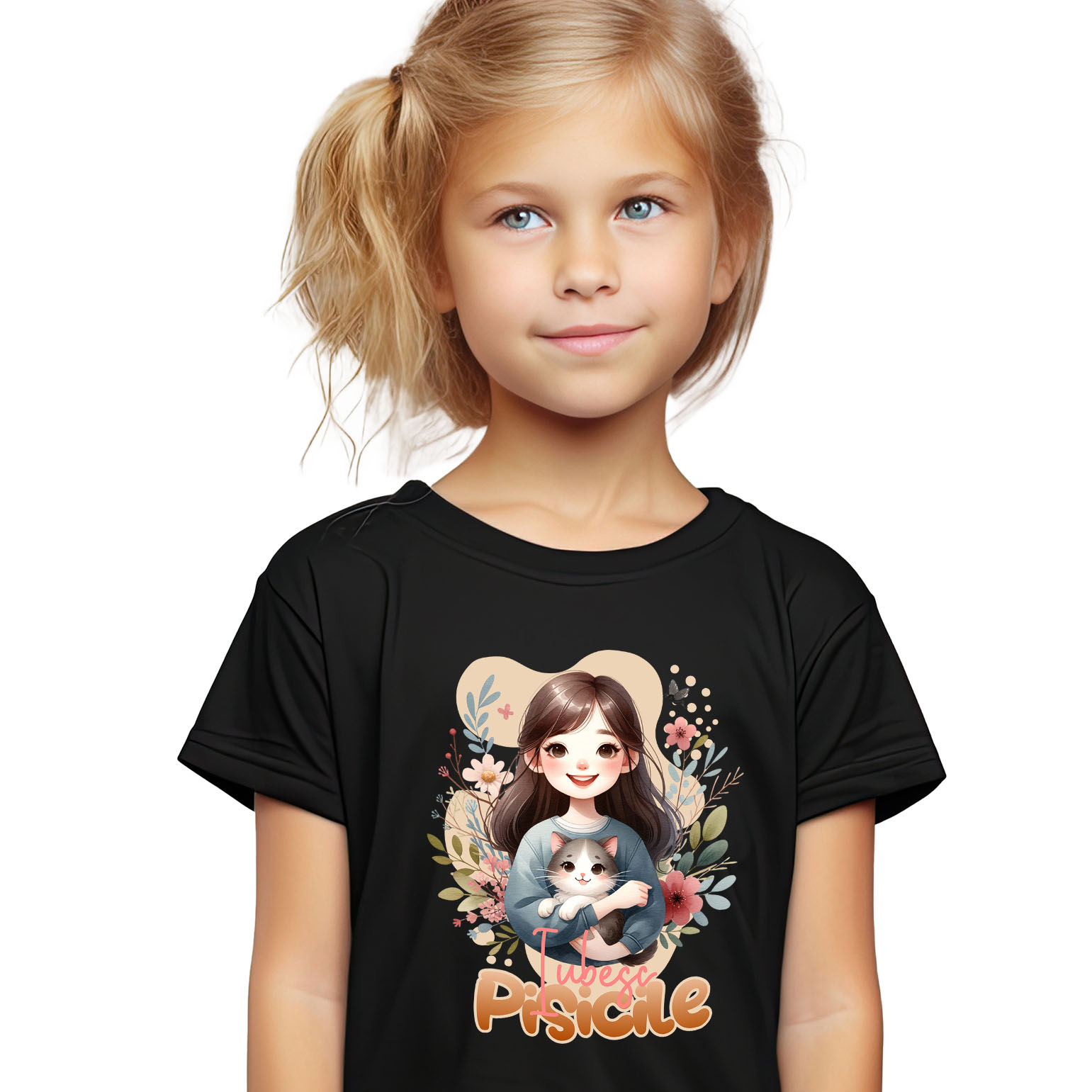 Mama - Tricou Femei, Barbati, Copii, Fata, Baiat, Unisex Personalizat Decor Personalizat - Fată cu Pisică Pufoasă și Mesaj „Iubesc Pisicile”