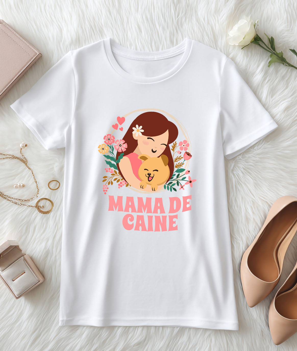 Tricou Femei, Barbati, Copii, Fata, Baiat, Unisex Personalizat "Fata și Câine – Cadouri Personalizate pentru Mama de Câine cu Flori Colorate" [2]