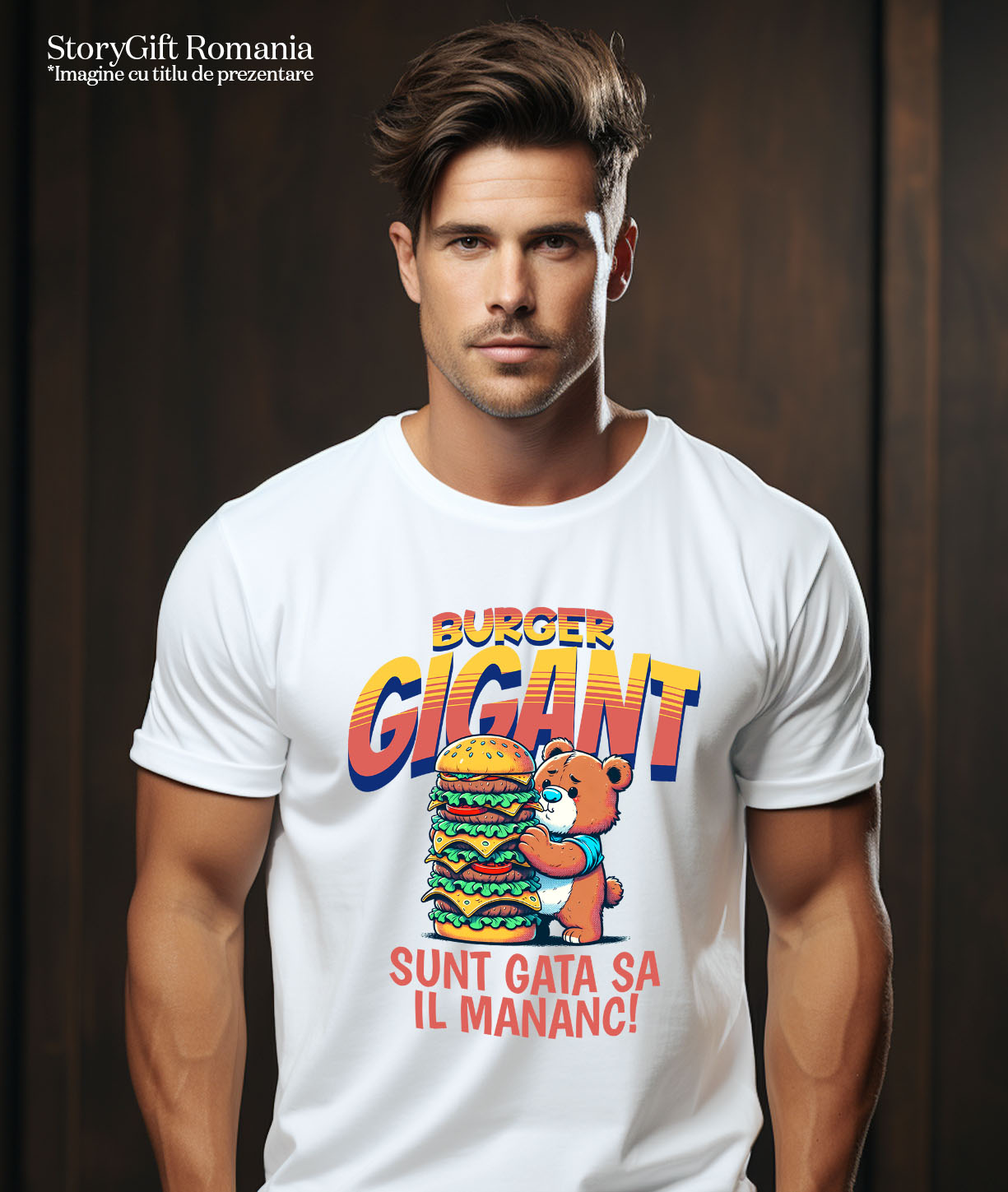 Tricou Femei, Barbati, Copii, Fata, Baiat, Unisex Personalizat Urs De Pluș cu Burger Gigant - Cadouri Amuzante pentru Copii și Familie cu Tematică Fast Food [1]