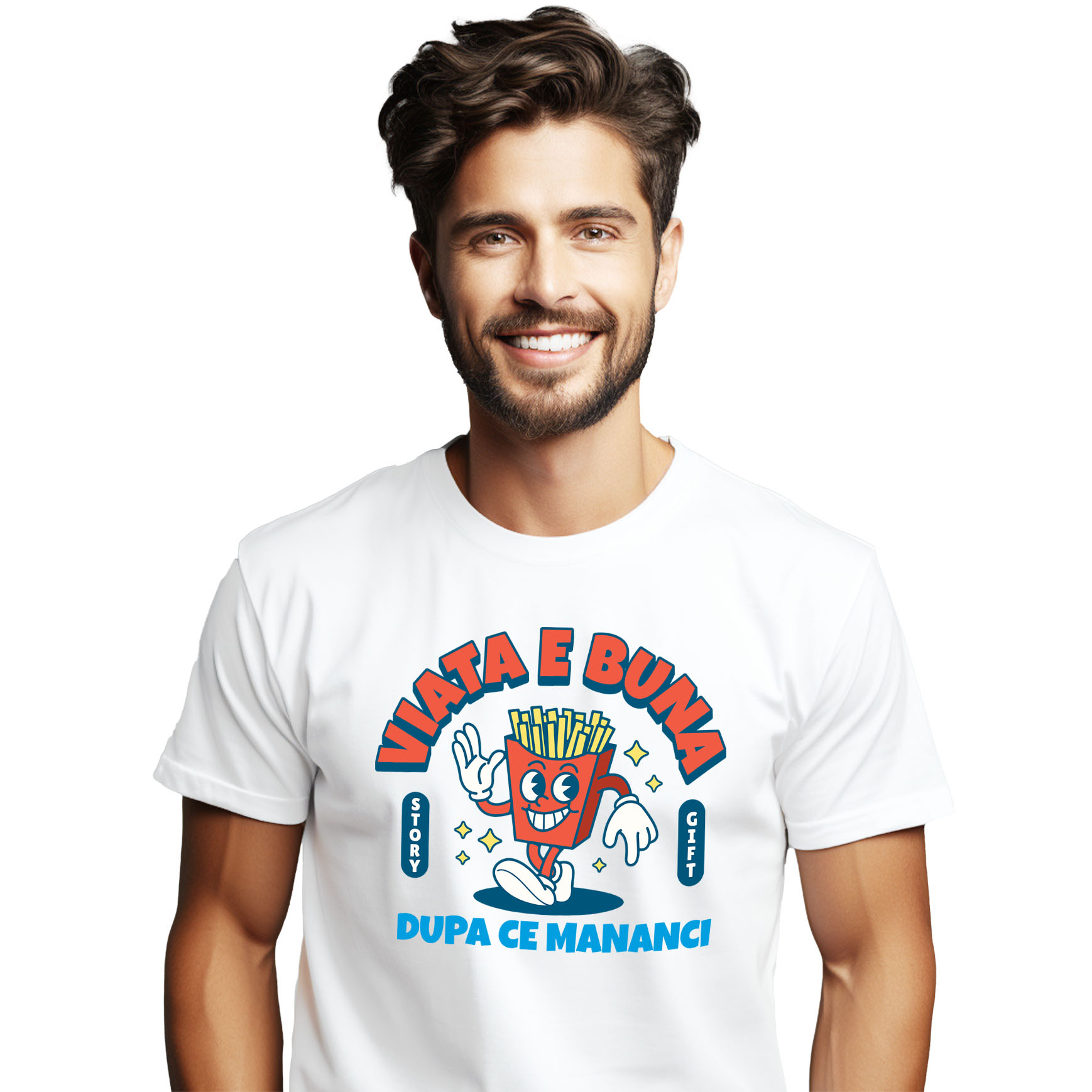 Tricou Femei, Barbati, Copii, Fata, Baiat, Unisex Personalizat Porție Cartofi Prajiți Veselă cu Mesaj „Viața E Bună După Ce Mănânci Fast Food” - Cadouri Amuzante pentru Familie și Prieteni