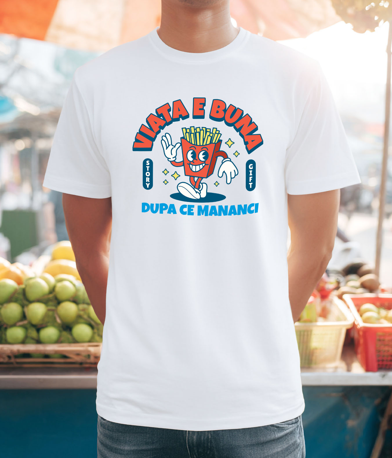 Tricou Femei, Barbati, Copii, Fata, Baiat, Unisex Personalizat Porție Cartofi Prajiți Veselă cu Mesaj „Viața E Bună După Ce Mănânci Fast Food” - Cadouri Amuzante pentru Familie și Prieteni [1]