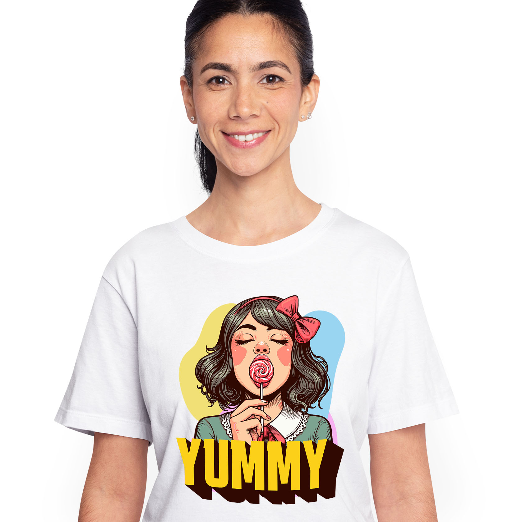 Mancare - Tricou Femei, Barbati, Copii, Fata, Baiat, Unisex Personalizat Fată Brunetă cu Funda Roșie și Acadea - Cadouri Dulci și Amuzante pentru Copii și Familie