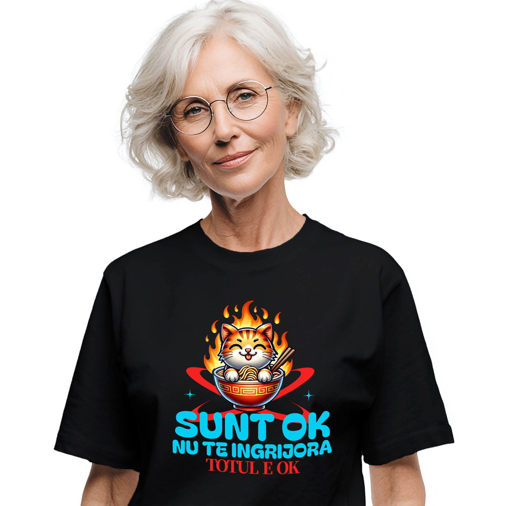 Mancare - Tricou Femei, Barbati, Copii, Fata, Baiat, Unisex Personalizat Pisică Portocalie în Bol Fierbinte cu Noodles în Flăcări - Cadouri Amuzante cu Mesaje Pozitive pentru Familie și Prieteni