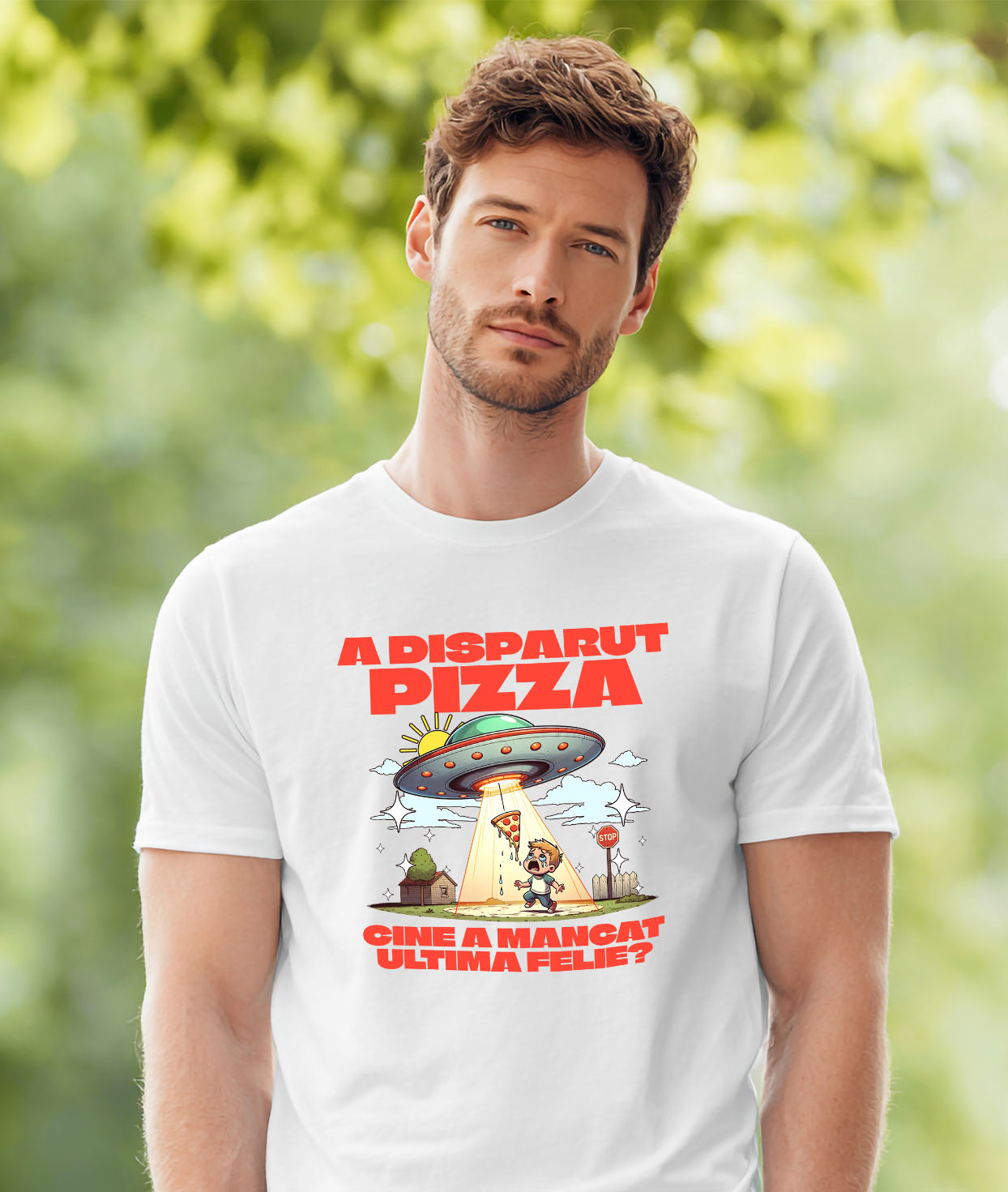 Tricou Femei, Barbati, Copii, Fata, Baiat, Unisex Personalizat Cadou personalizat cu nava spațială și pizza | „Cine a mâncat ultima felie?” pentru copii și familie [1]
