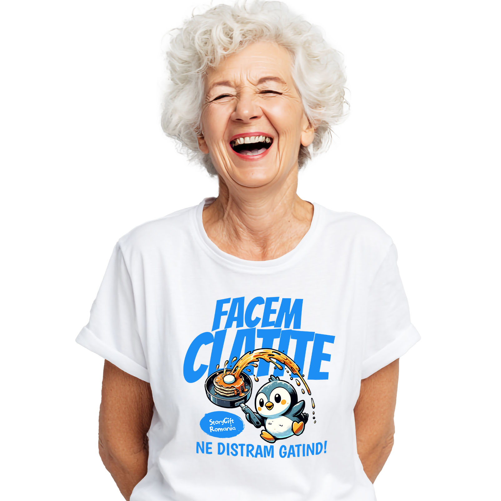 Mancare - Tricou Femei, Barbati, Copii, Fata, Baiat, Unisex Personalizat Cadou personalizat pentru iubitorii de clătite | Pinguin în bucătărie cu tigaie și distracție în familie