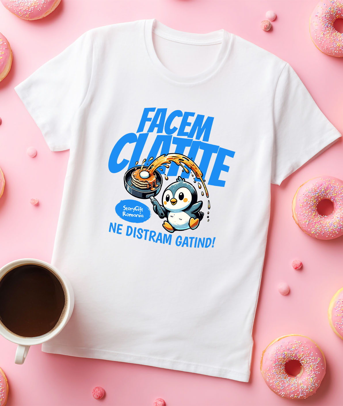 Tricou Femei, Barbati, Copii, Fata, Baiat, Unisex Personalizat Cadou personalizat pentru iubitorii de clătite | Pinguin în bucătărie cu tigaie și distracție în familie [2]