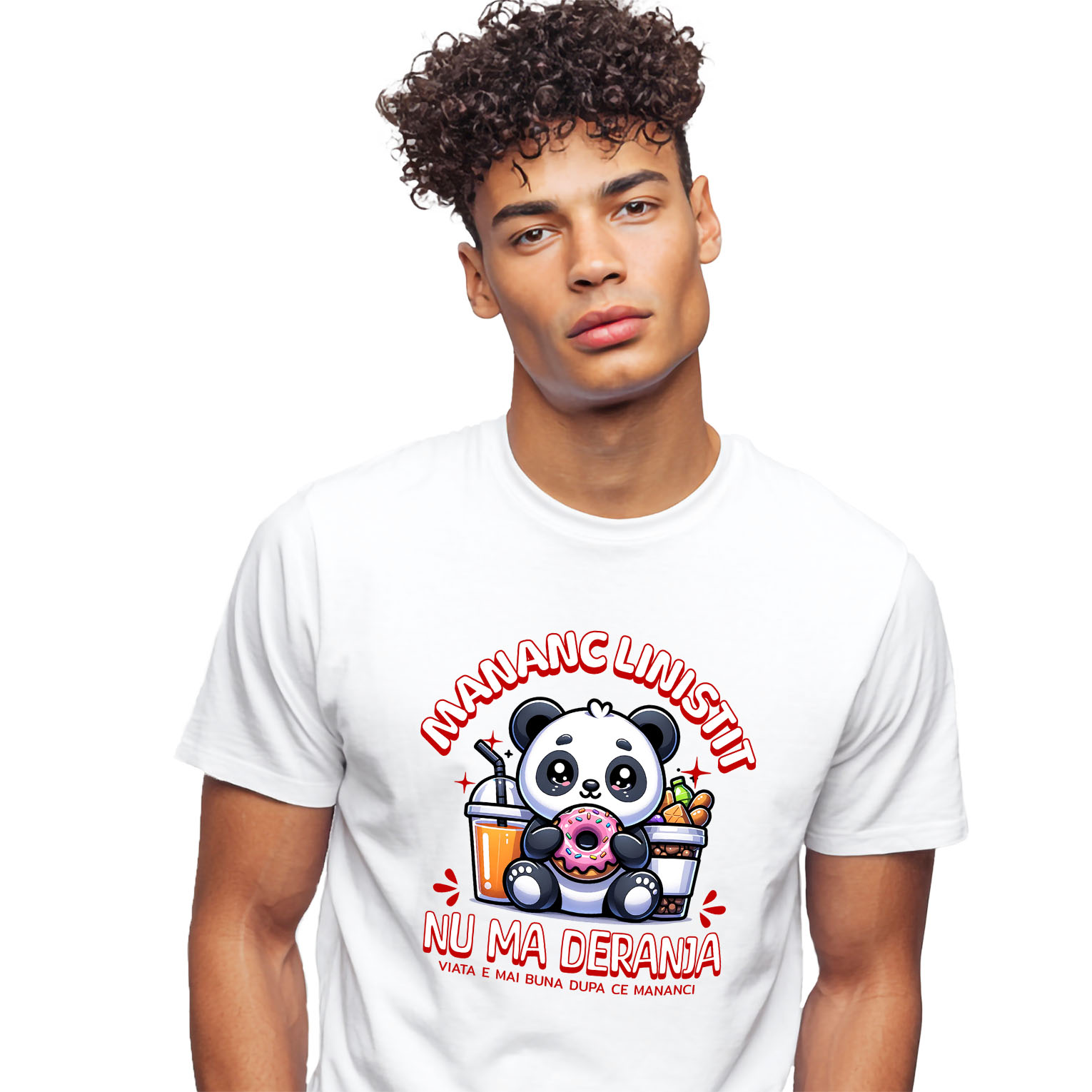 Mancare - Tricou Femei, Barbati, Copii, Fata, Baiat, Unisex Personalizat Cadou personalizat urs panda cu gogoasă glazurată | Mesaj haios și dulciuri pentru familie