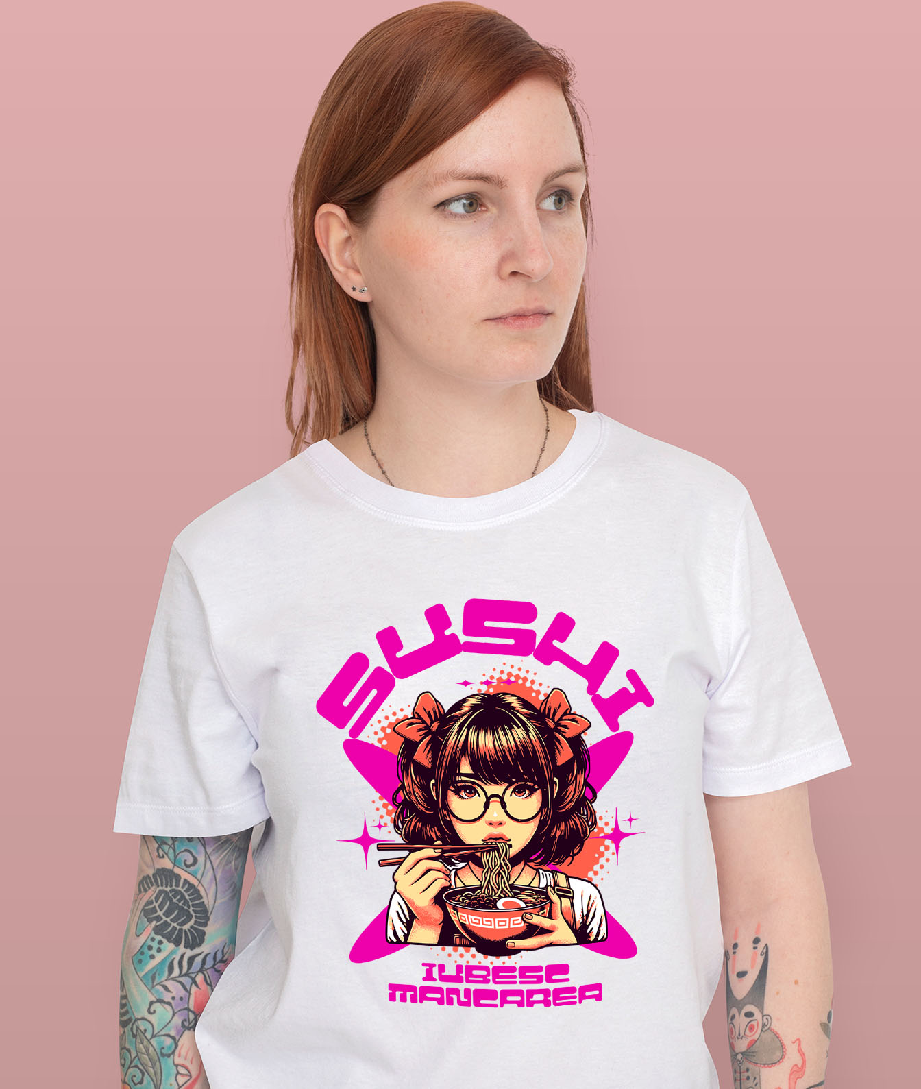 Tricou Femei, Barbati, Copii, Fata, Baiat, Unisex Personalizat Fată Anime Cu Fundițe Și Ochelari Mâncând Supă Noodles | Cadou Personalizat Iubitorilor De Mâncare [1]