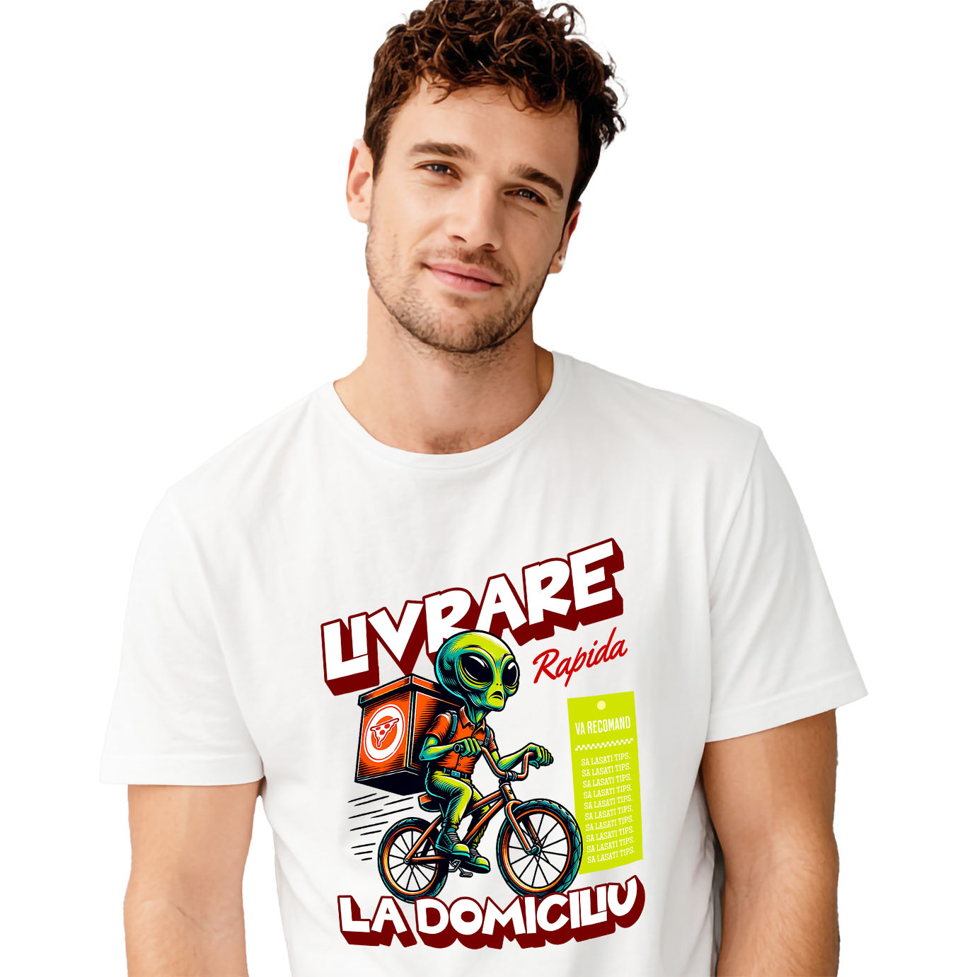 Mancare - Tricou Femei, Barbati, Copii, Fata, Baiat, Unisex Personalizat Extraterestru Curier Cu Bicicleta Si Cutii De Pizza | Cadou Amuzant Livrare La Domiciliu