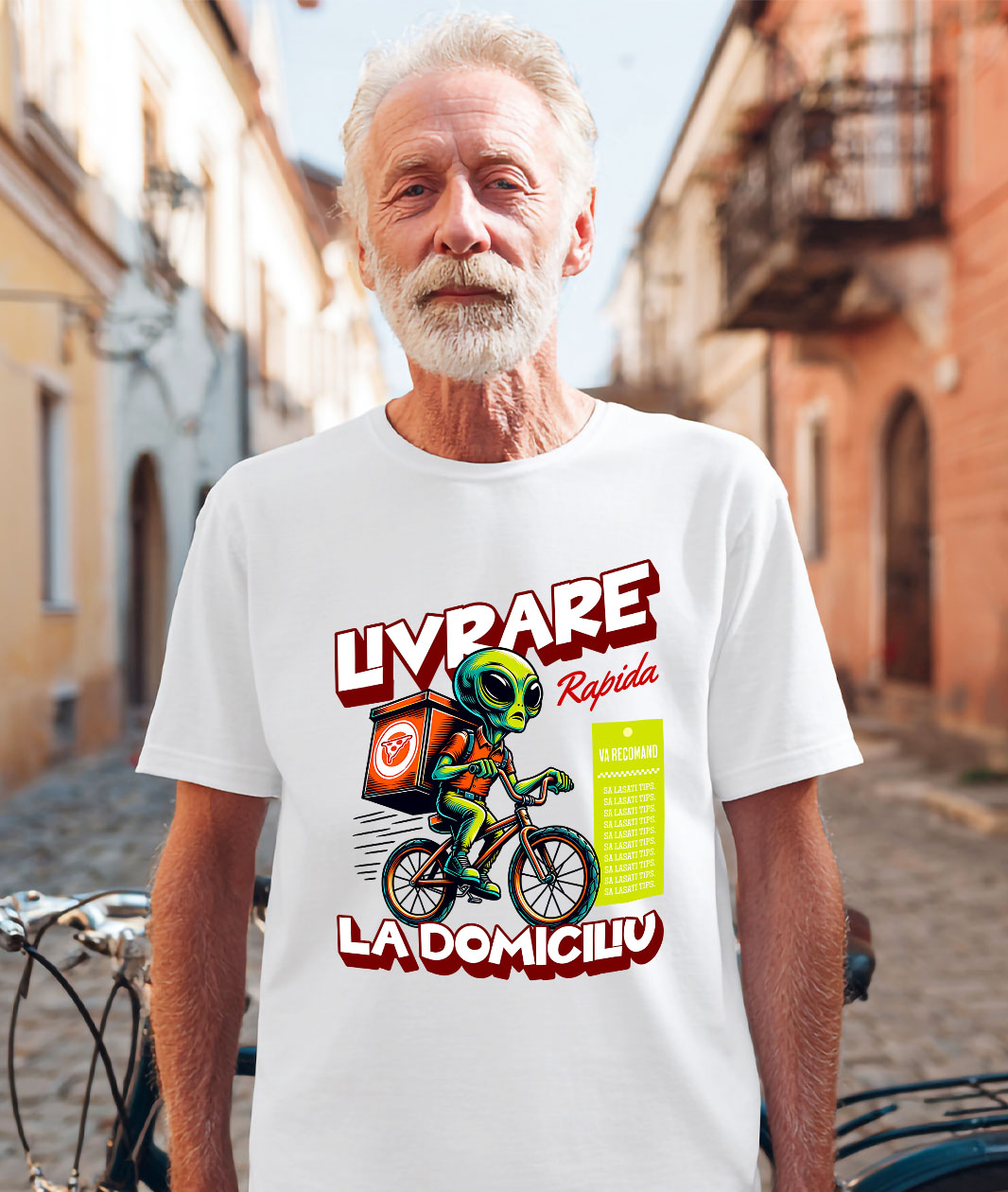 Tricou Femei, Barbati, Copii, Fata, Baiat, Unisex Personalizat Extraterestru Curier Cu Bicicleta Si Cutii De Pizza | Cadou Amuzant Livrare La Domiciliu [1]