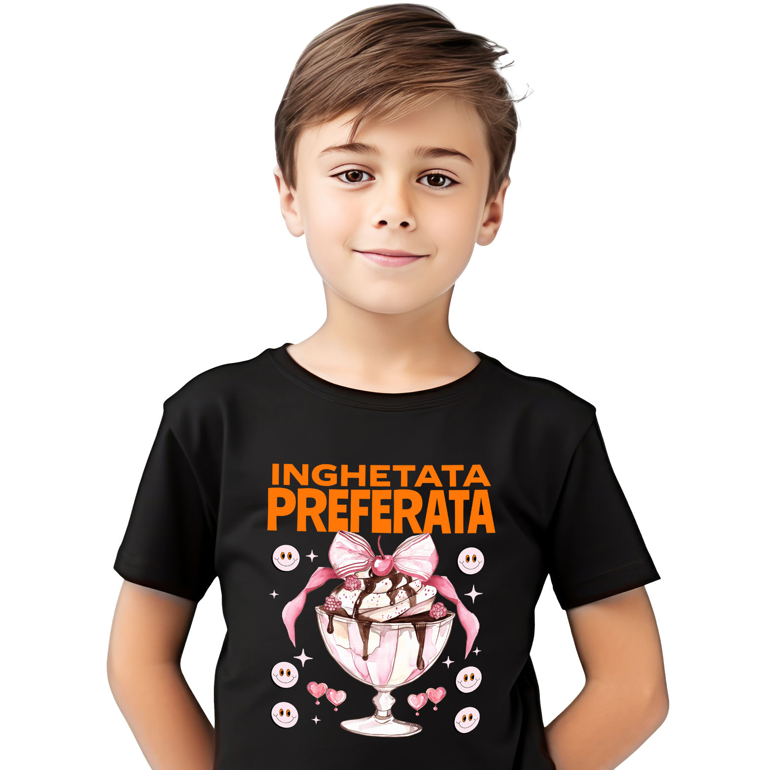 Mancare - Tricou Femei, Barbati, Copii, Fata, Baiat, Unisex Personalizat Înghețată Elegantă În Pahar Cu Funda Roz și Cireșe Smiley | Cadou Personalizat Pentru Familie și Copii