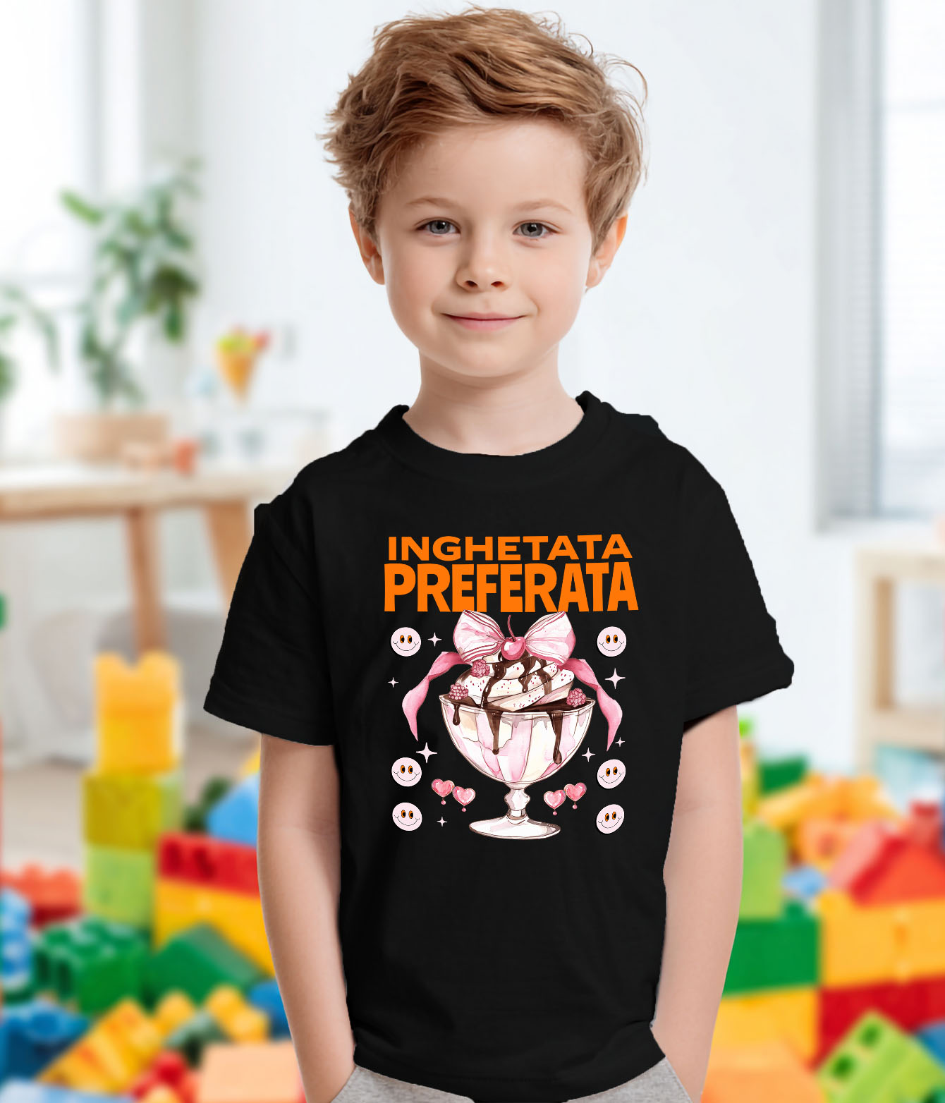 Tricou Femei, Barbati, Copii, Fata, Baiat, Unisex Personalizat Înghețată Elegantă În Pahar Cu Funda Roz și Cireșe Smiley | Cadou Personalizat Pentru Familie și Copii [2]