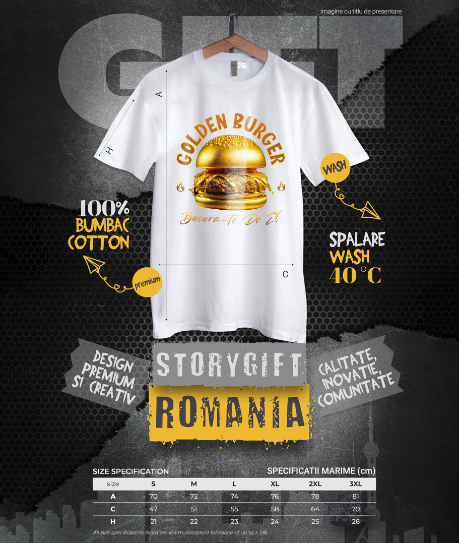 Tricou Femei, Barbati, Copii, Fata, Baiat, Unisex Personalizat Golden Burger Savuros De Aur | Fast Food Delicios și Personalizat pentru Familie și Prieteni [3]