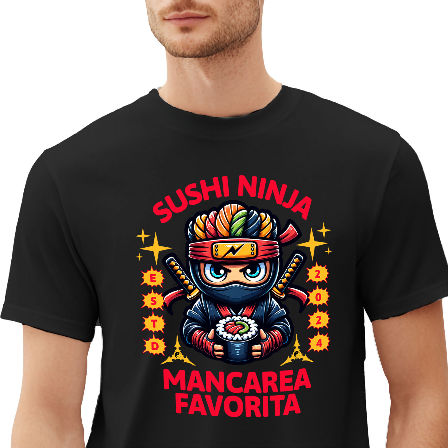 Mancare - Tricou Femei, Barbati, Copii, Fata, Baiat, Unisex Personalizat Tort Ninja Personalizat - Sushi Tematic și Sabii | Cadou Perfect pentru Copii
