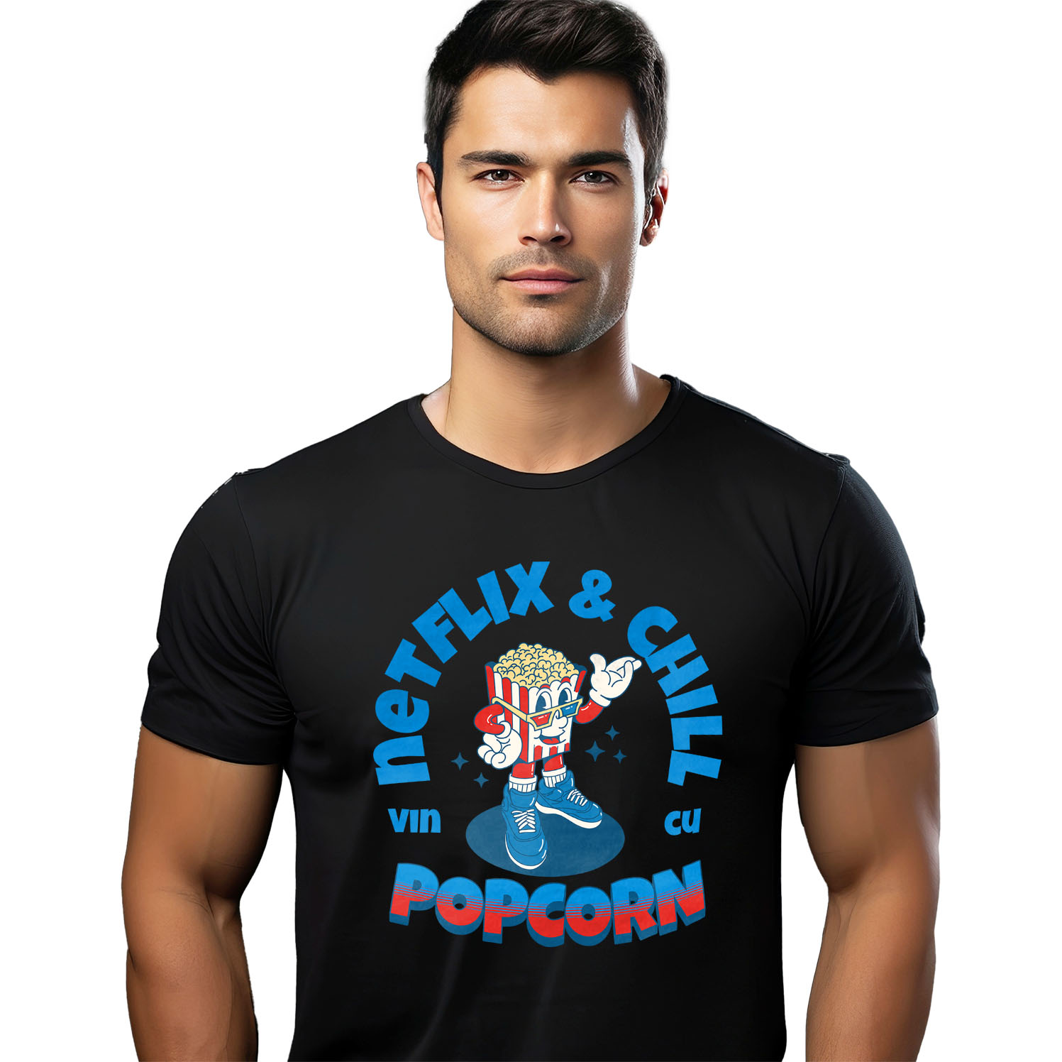 Tricou Femei, Barbati, Copii, Fata, Baiat, Unisex Personalizat Punga popcorn personalizată cu ochelari 3D și text Netflix & Chill – Cadou perfect pentru iubitorii de filme