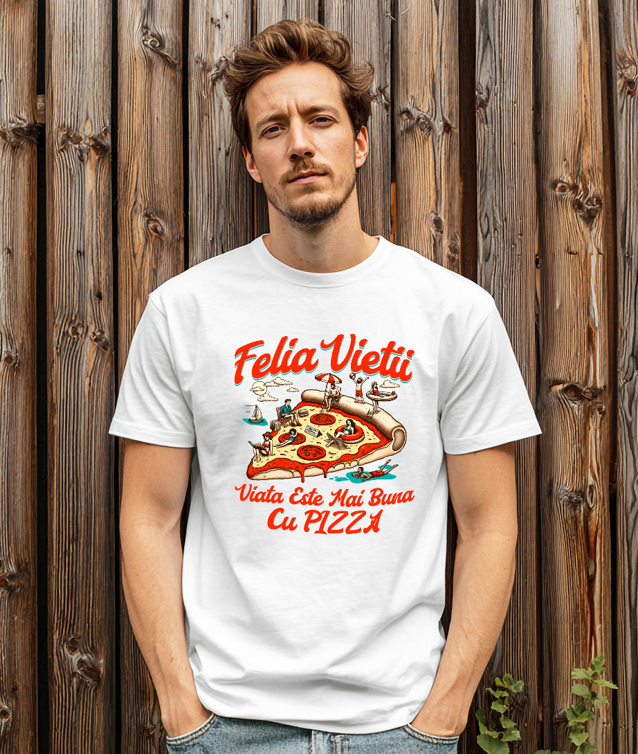 Tricou Femei, Barbati, Copii, Fata, Baiat, Unisex Personalizat Pizza personalizată cu text haios „Felia vieții e mai bună cu pizza” – Cadou perfect pentru familie și prieteni [1]
