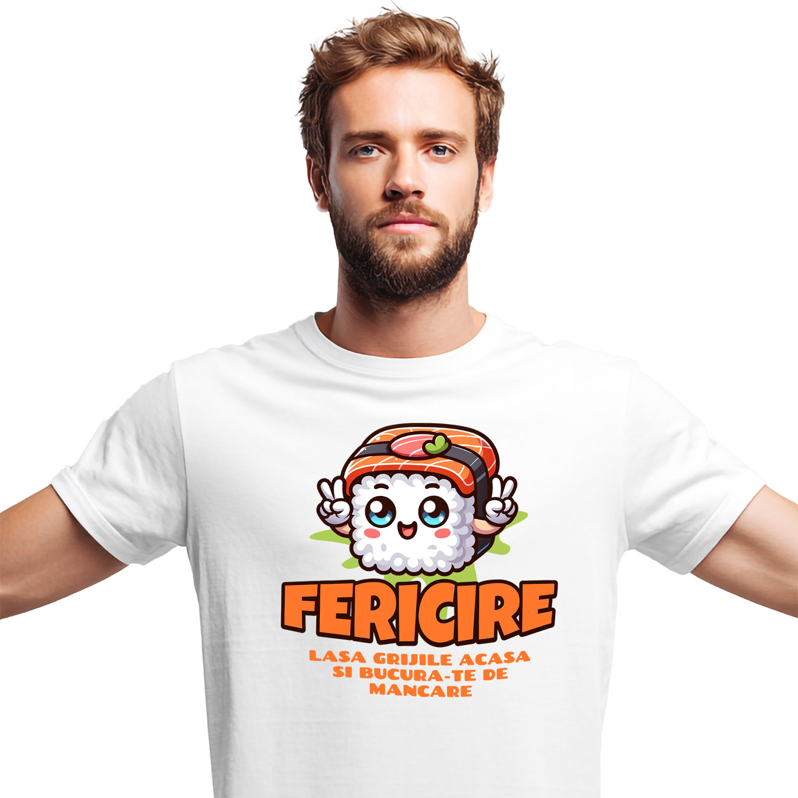 Tricou Femei, Barbati, Copii, Fata, Baiat, Unisex Personalizat Sushi personalizat cu semnul păcii și mesaj „Fericire, lasă grijile acasă” – Cadou perfect pentru iubitorii de mâncare asiatică