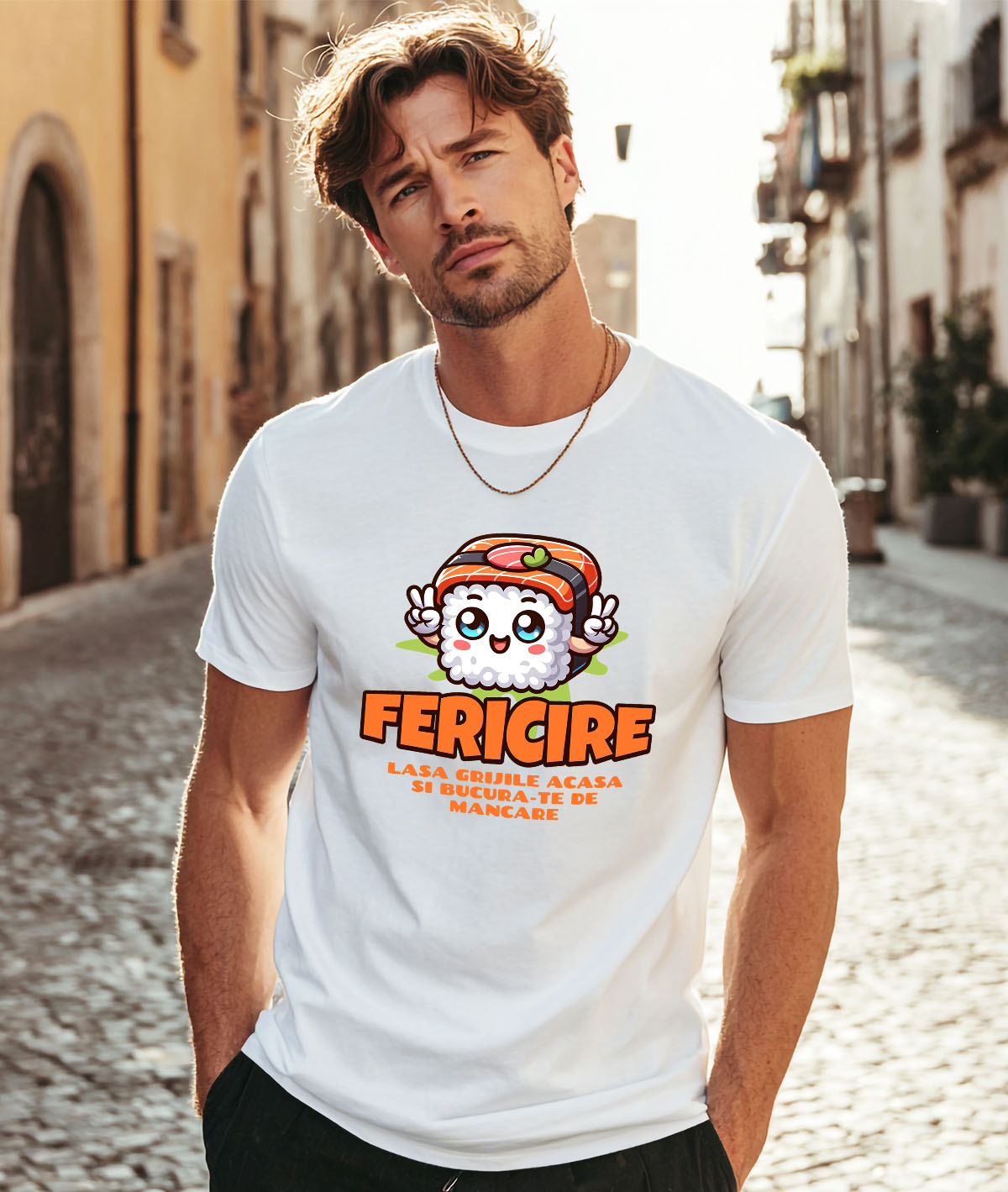 Tricou Femei, Barbati, Copii, Fata, Baiat, Unisex Personalizat Sushi personalizat cu semnul păcii și mesaj „Fericire, lasă grijile acasă” – Cadou perfect pentru iubitorii de mâncare asiatică [1]