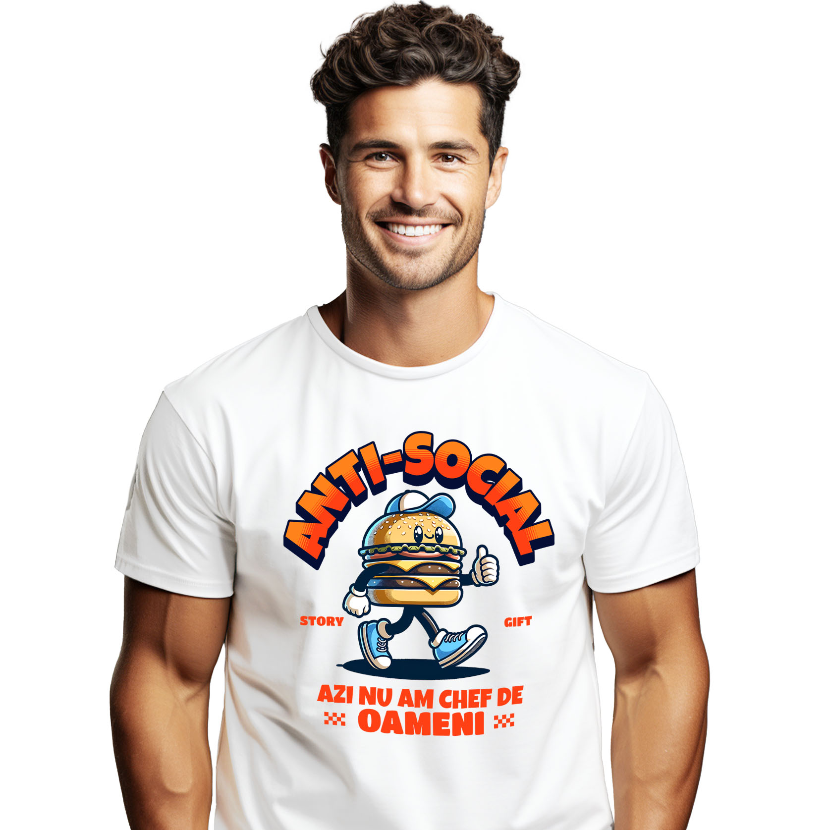 Mancare - Tricou Femei, Barbati, Copii, Fata, Baiat, Unisex Personalizat Hamburger personalizat cu șapcă și adidași albastri – „Anti-social, azi nu mă chef de oameni” – Cadou amuzant