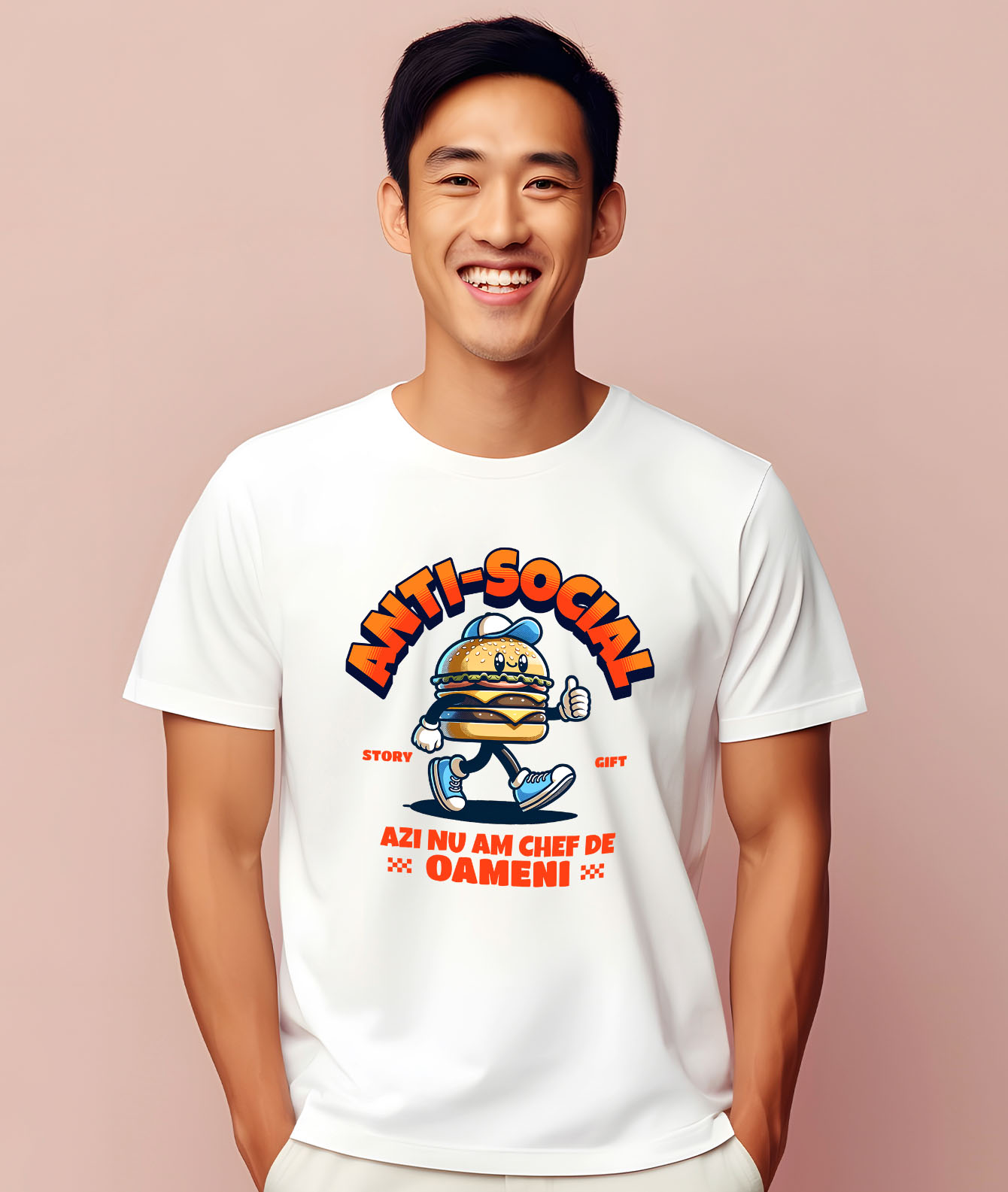 Tricou Femei, Barbati, Copii, Fata, Baiat, Unisex Personalizat Hamburger personalizat cu șapcă și adidași albastri – „Anti-social, azi nu mă chef de oameni” – Cadou amuzant [1]